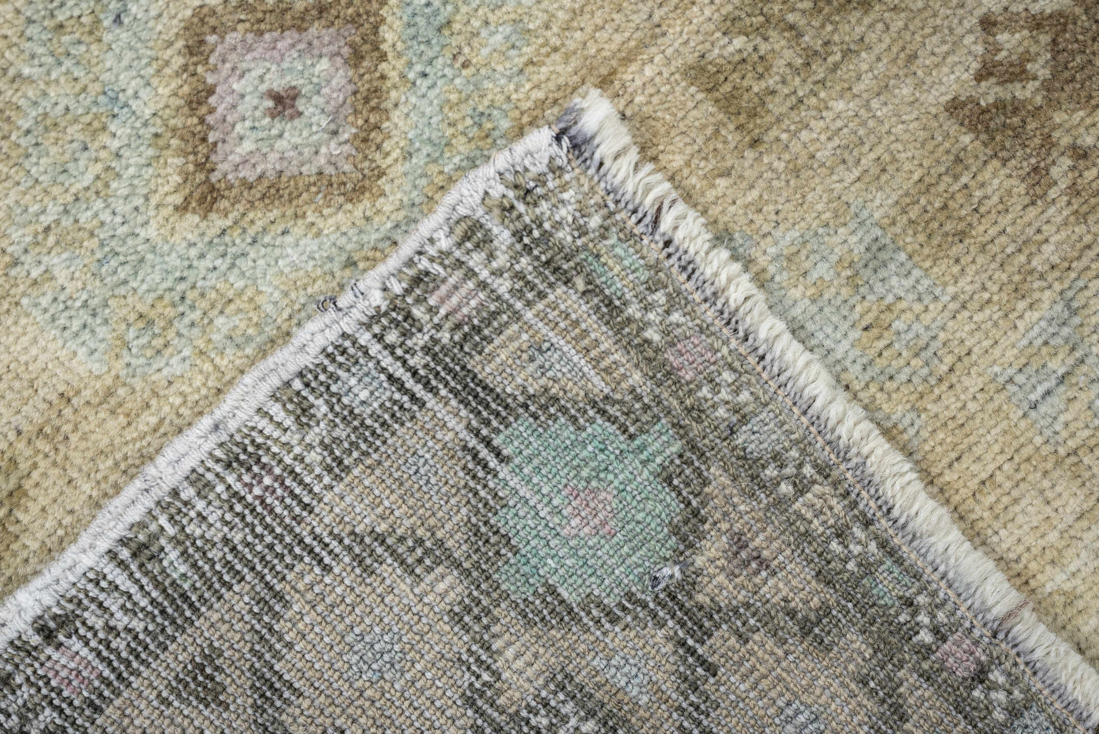 3' x 4' one-of-a-kind handmade antique Belouch small size rug. Color palette: camel, taupe, ivory, pale aqua, soft lavender