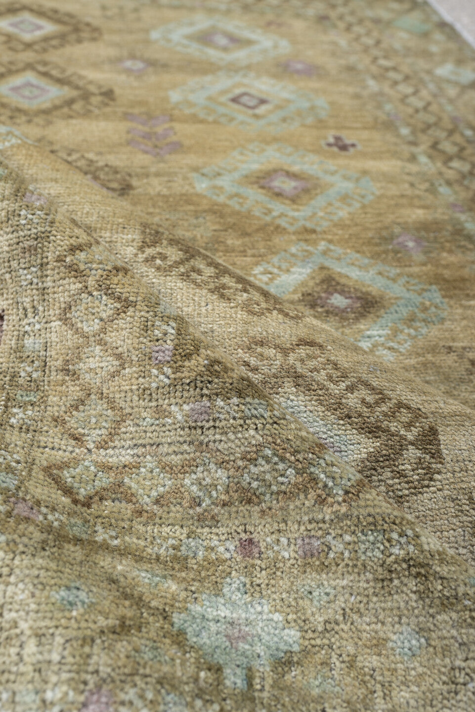 3' x 4' one-of-a-kind handmade antique Belouch small size rug. Color palette: camel, taupe, ivory, pale aqua, soft lavender