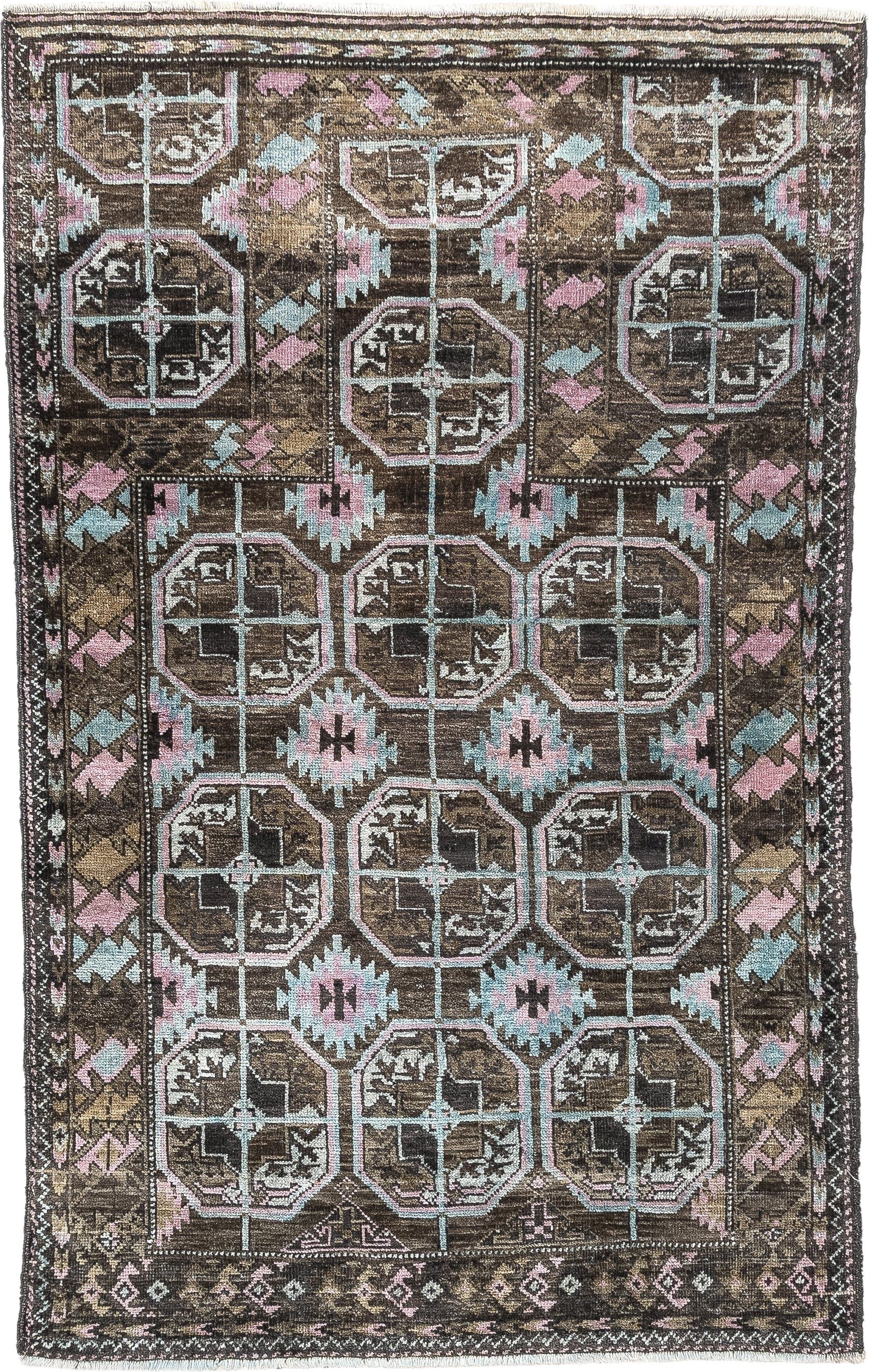 2' x 4' one-of-a-kind handmade antique Belouch small size rug. Color palette: brown, camel, blush pink, pale aqua, ivory