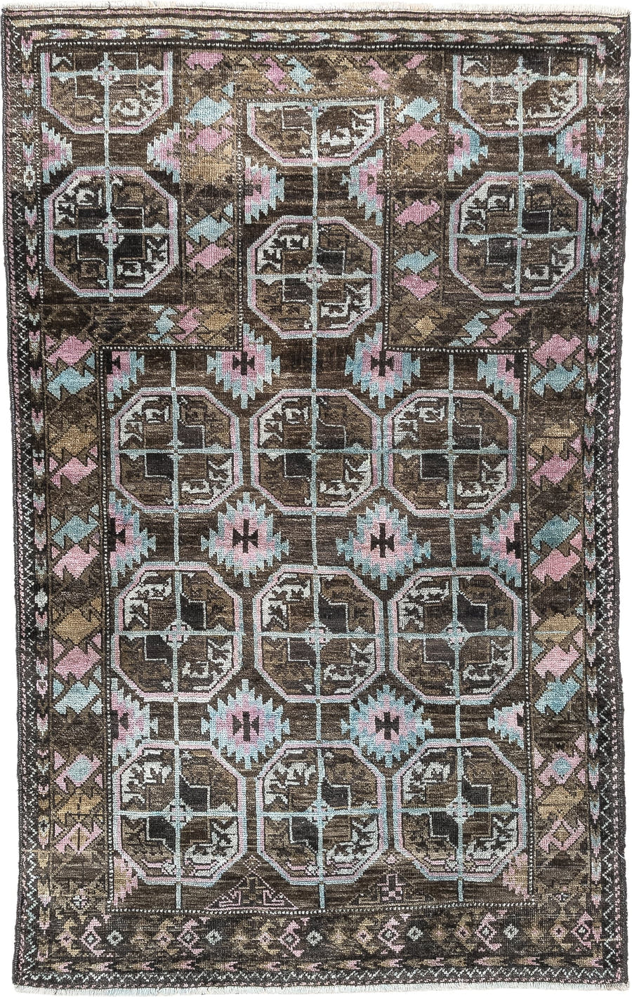 2' x 4' one-of-a-kind handmade antique Belouch small size rug. Color palette: brown, camel, blush pink, pale aqua, ivory