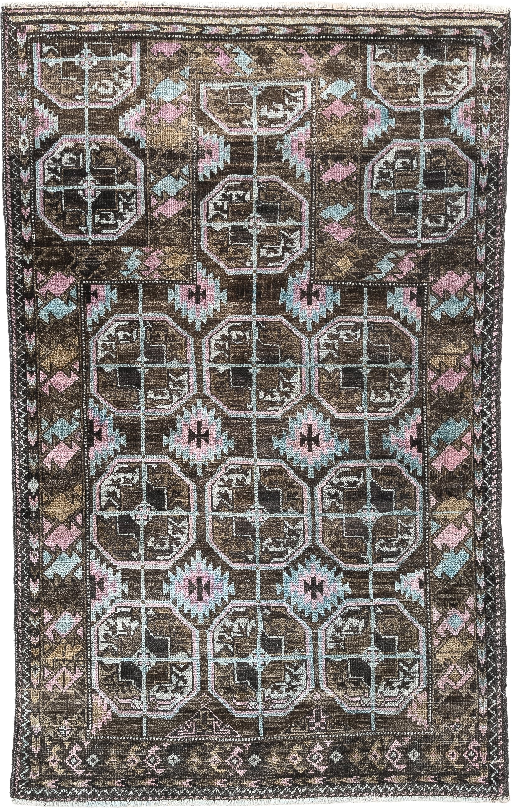 2' x 4' one-of-a-kind handmade antique Belouch small size rug. Color palette: brown, camel, blush pink, pale aqua, ivory