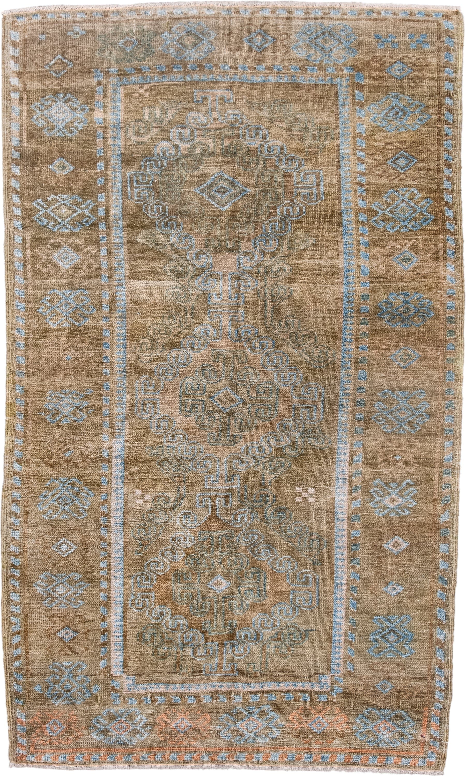 3' x 4' one-of-a-kind handmade antique Belouch small size rug. Color palette: taupe, camel, sky_blue, ivory, terra_cotta