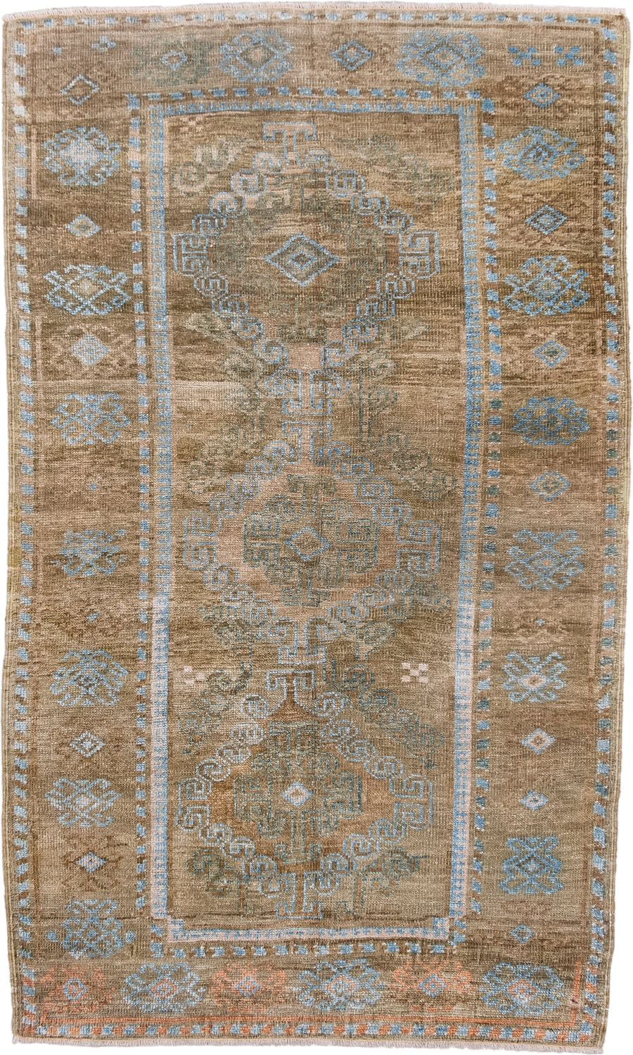 3' x 4' one-of-a-kind handmade antique Belouch small size rug. Color palette: taupe, camel, sky_blue, ivory, terra_cotta
