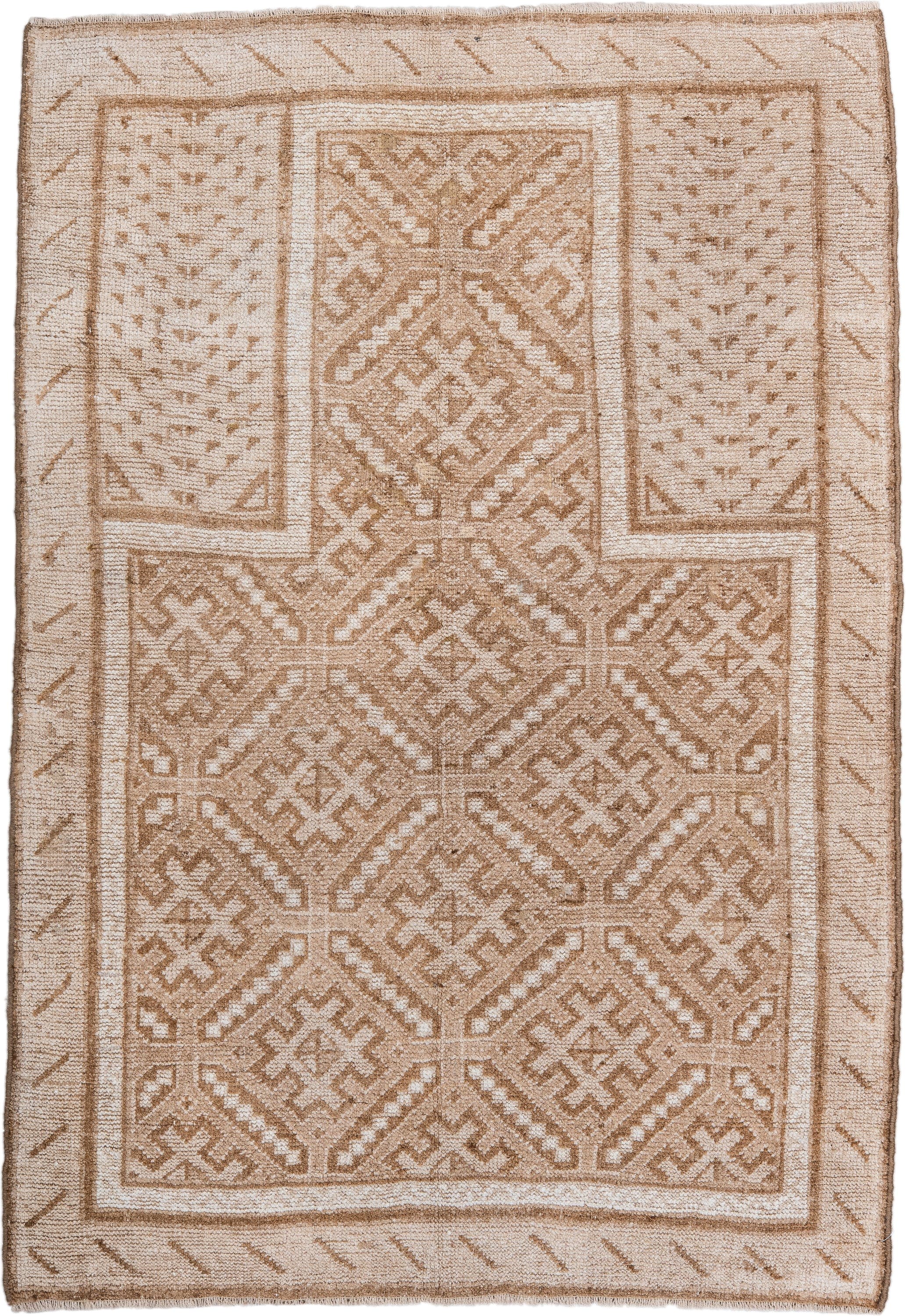 3' x 4' one-of-a-kind handmade antique Belouch small size rug. Color palette: ivory, camel, taupe, sand, beige, gray