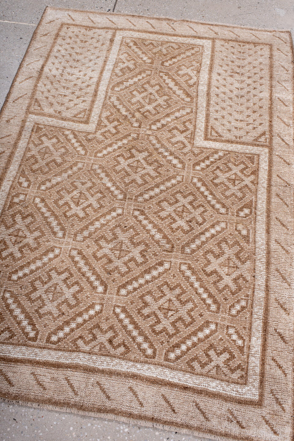 3' x 4' one-of-a-kind handmade antique Belouch small size rug. Color palette: ivory, camel, taupe, sand, beige, gray