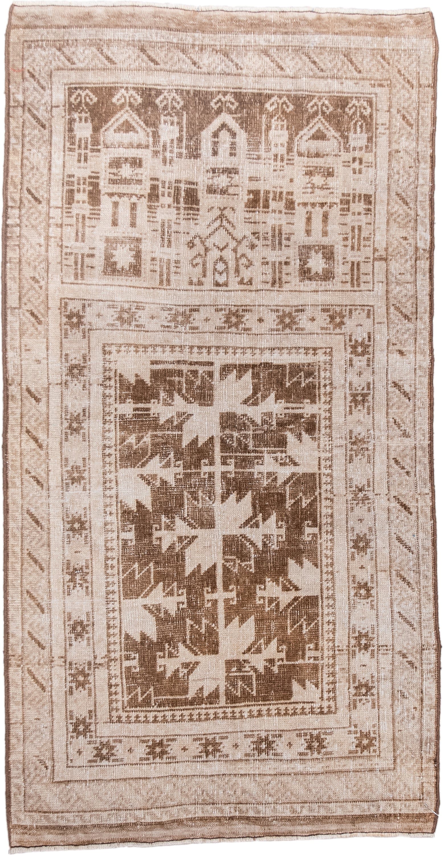 2' x 4' one-of-a-kind handmade antique Belouch small size rug. Color palette: ivory, taupe, camel, brown, beige, gray