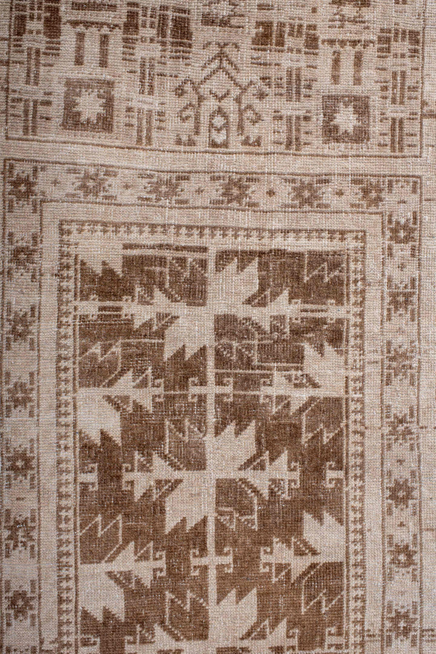 2' x 4' one-of-a-kind handmade antique Belouch small size rug. Color palette: ivory, taupe, camel, brown, beige, gray
