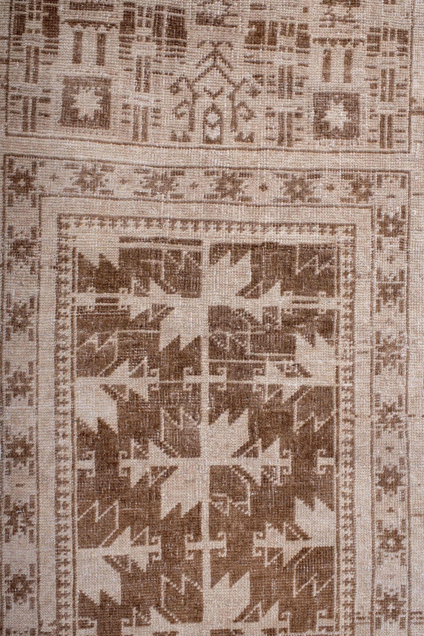 2' x 4' one-of-a-kind handmade antique Belouch small size rug. Color palette: ivory, taupe, camel, brown, beige, gray
