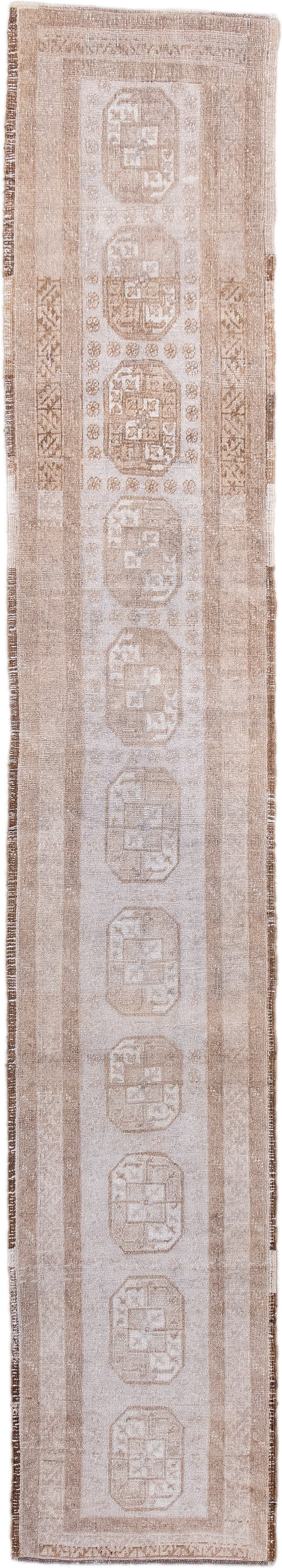 1' x 9' one-of-a-kind handmade antique Afghan rug. Color palette: ivory, taupe, beige, camel, sand, gray