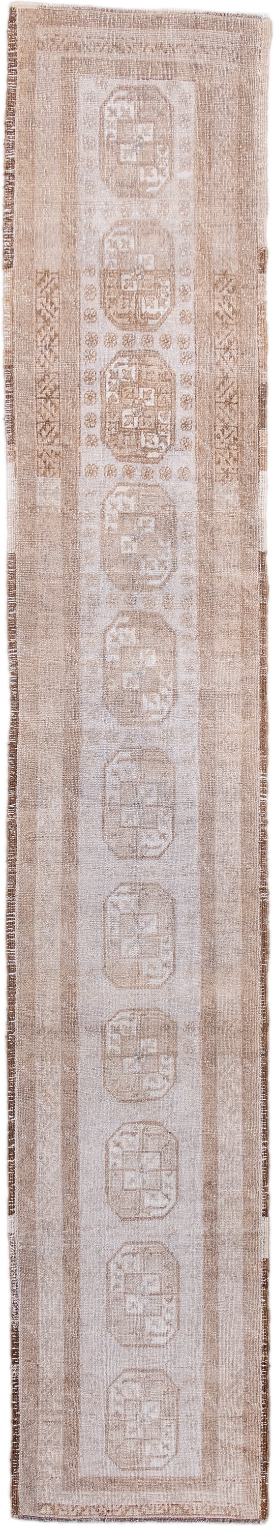 1' x 9' one-of-a-kind handmade antique Afghan rug. Color palette: ivory, taupe, beige, camel, sand, gray