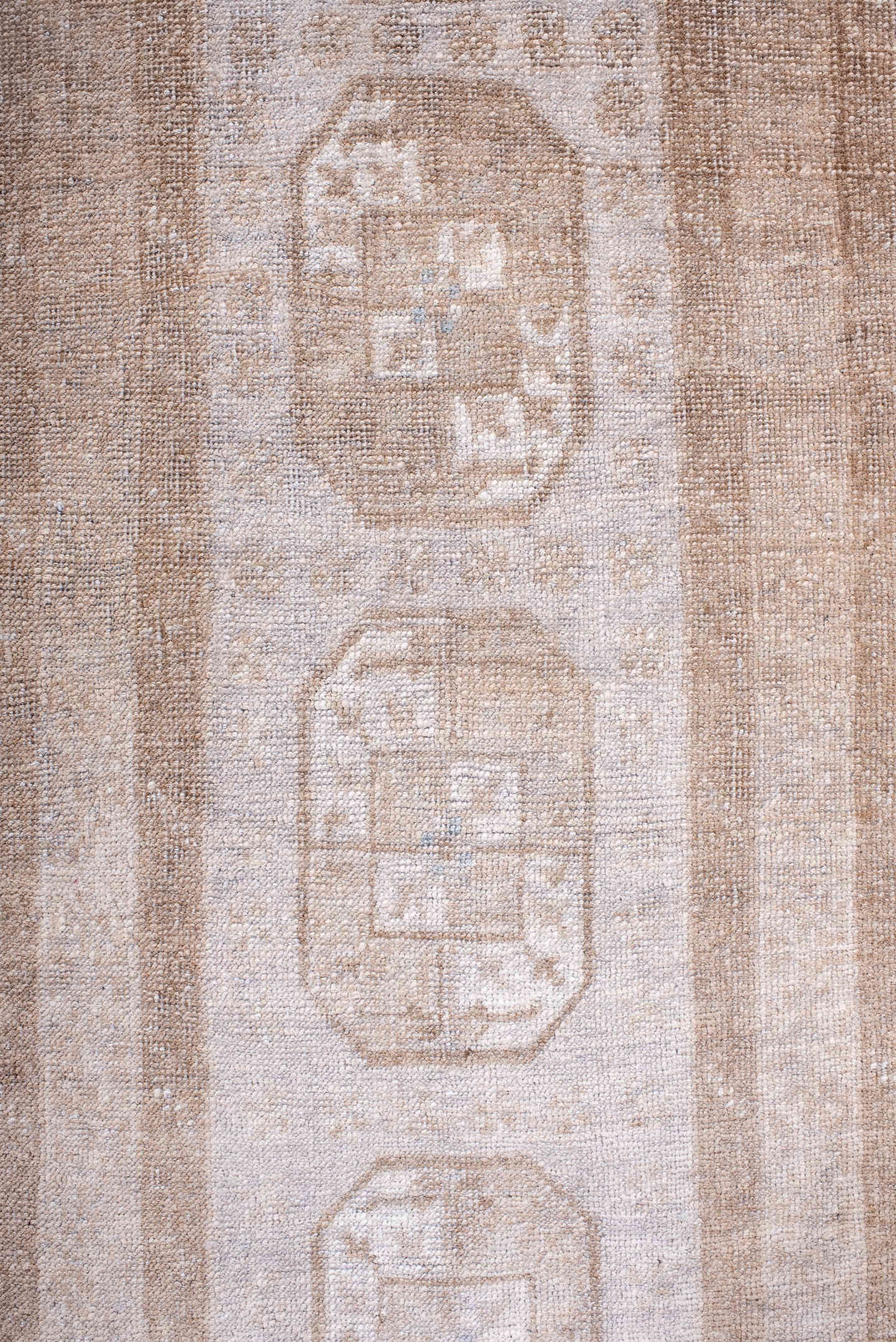 1' x 9' one-of-a-kind handmade antique Afghan rug. Color palette: ivory, taupe, beige, camel, sand, gray