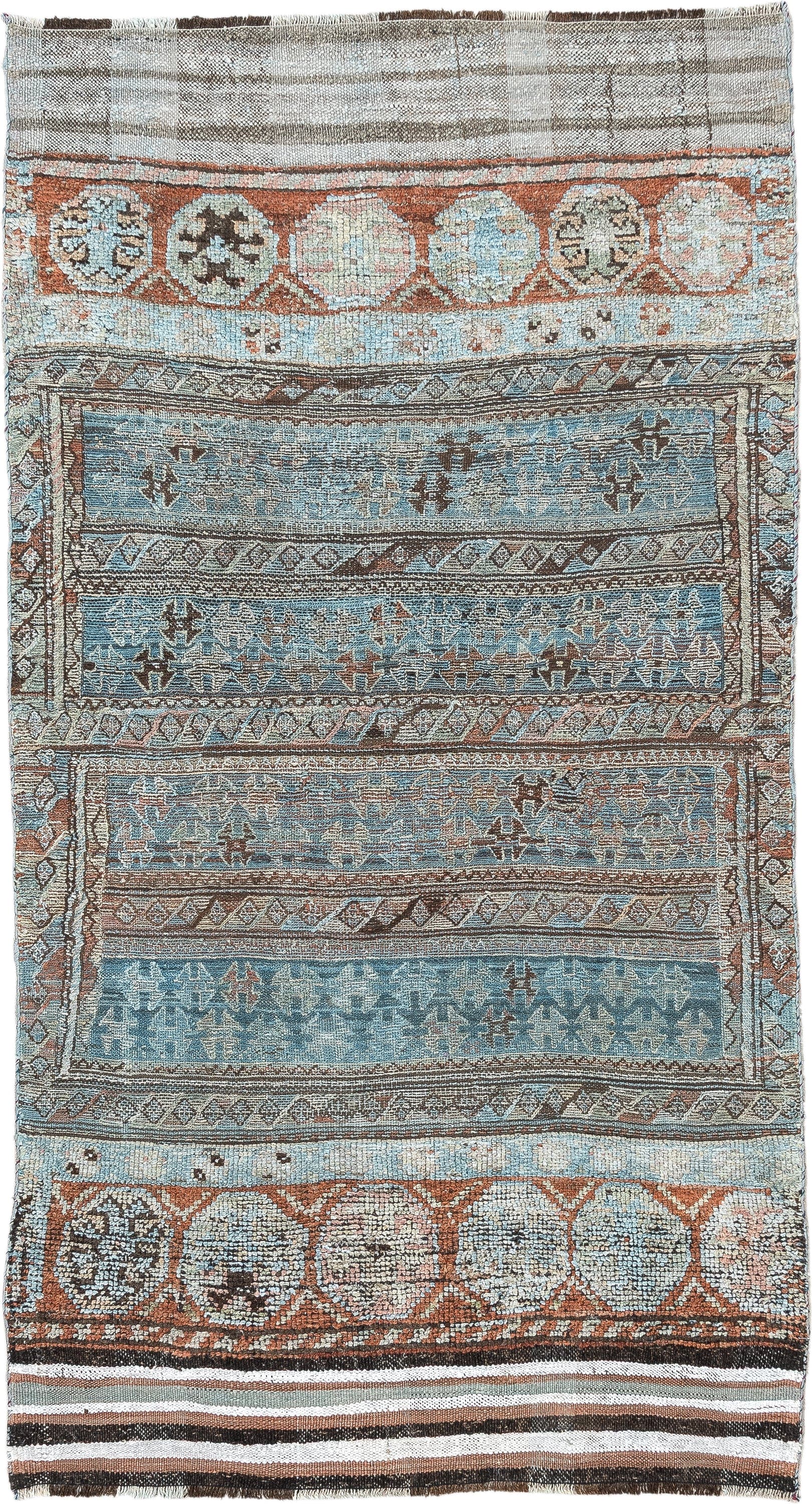 3' x 6' one-of-a-kind handmade antique Kurd Bidjar small size rug. Color palette: sky blue, terracotta, ivory, brown, taupe