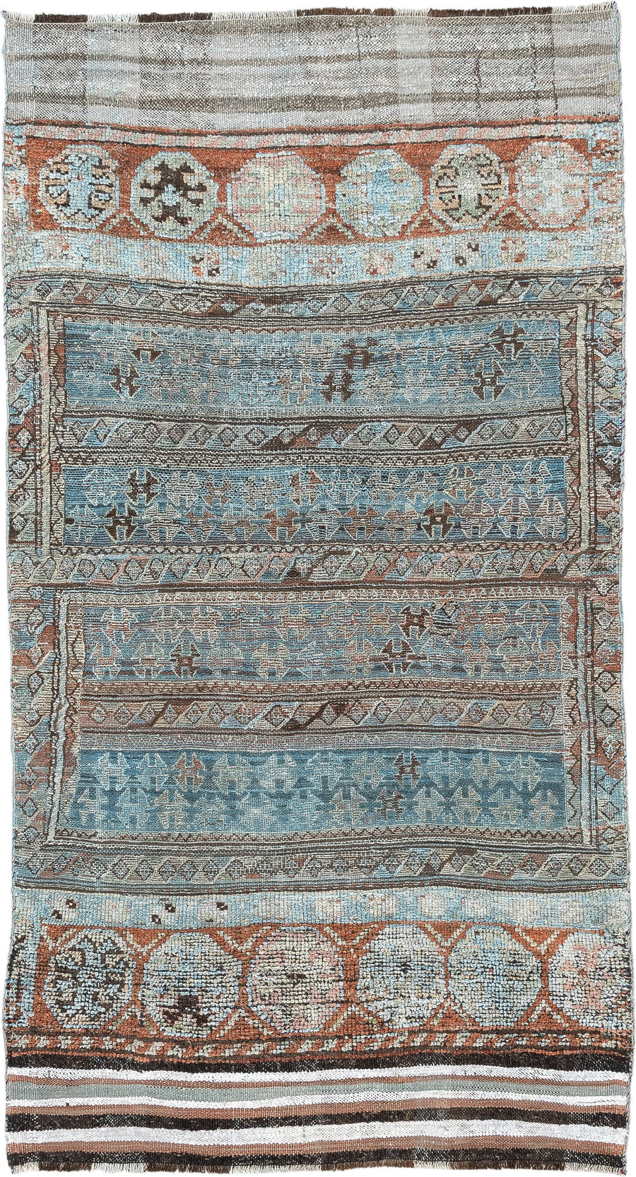 3' x 6' one-of-a-kind handmade antique Kurd Bidjar small size rug. Color palette: sky blue, terracotta, ivory, brown, taupe