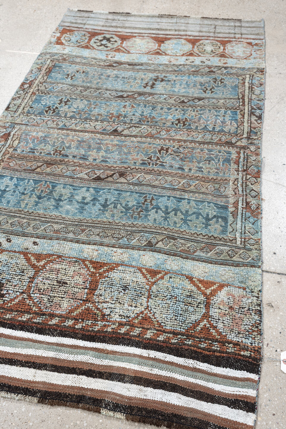 3' x 6' one-of-a-kind handmade antique Kurd Bidjar small size rug. Color palette: sky blue, terracotta, ivory, brown, taupe