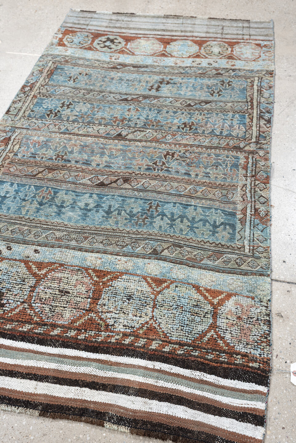 3' x 6' one-of-a-kind handmade antique Kurd Bidjar small size rug. Color palette: sky blue, terracotta, ivory, brown, taupe