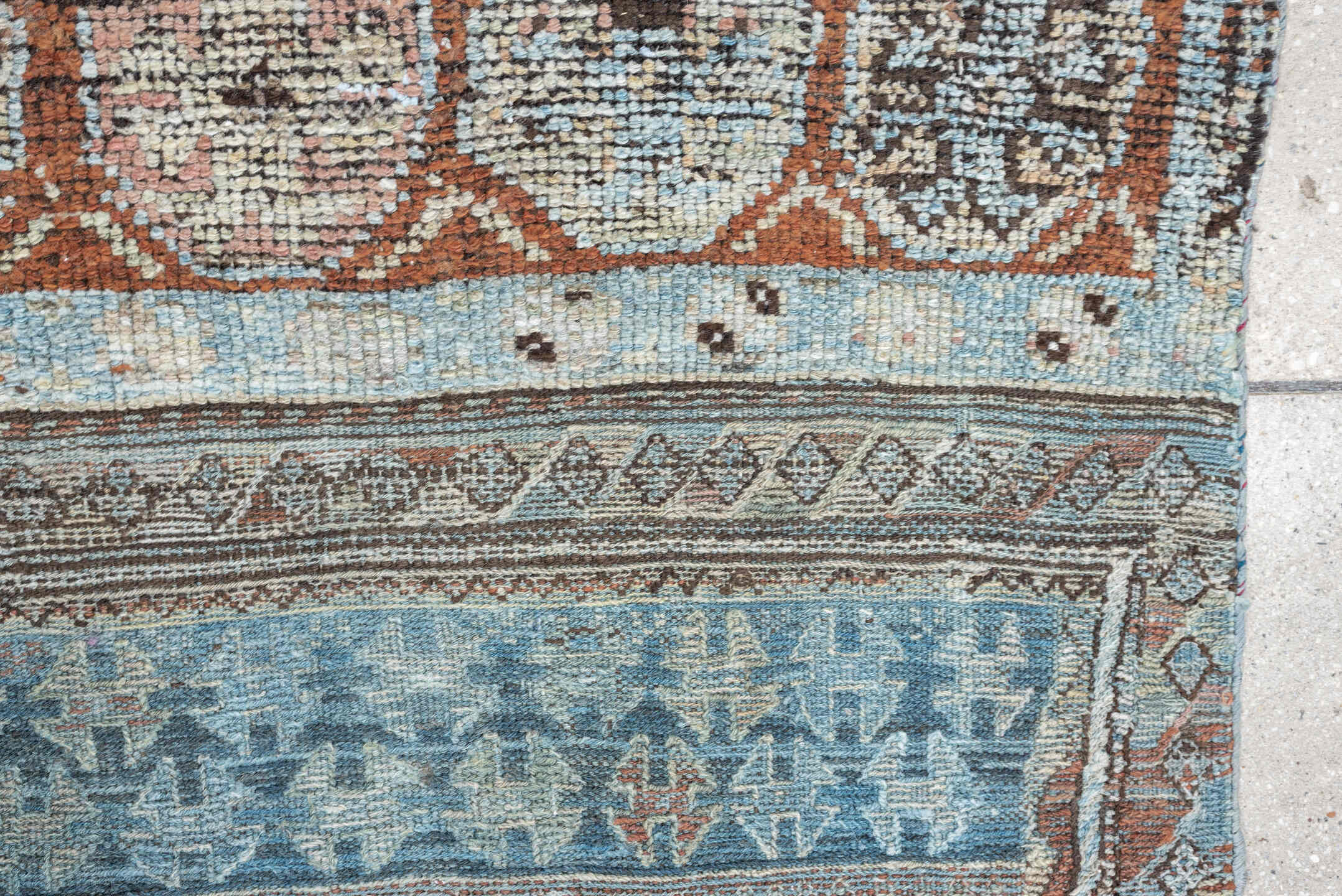 3' x 6' one-of-a-kind handmade antique Kurd Bidjar small size rug. Color palette: sky blue, terracotta, ivory, brown, taupe