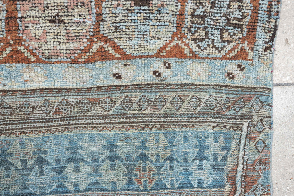 3' x 6' one-of-a-kind handmade antique Kurd Bidjar small size rug. Color palette: sky blue, terracotta, ivory, brown, taupe