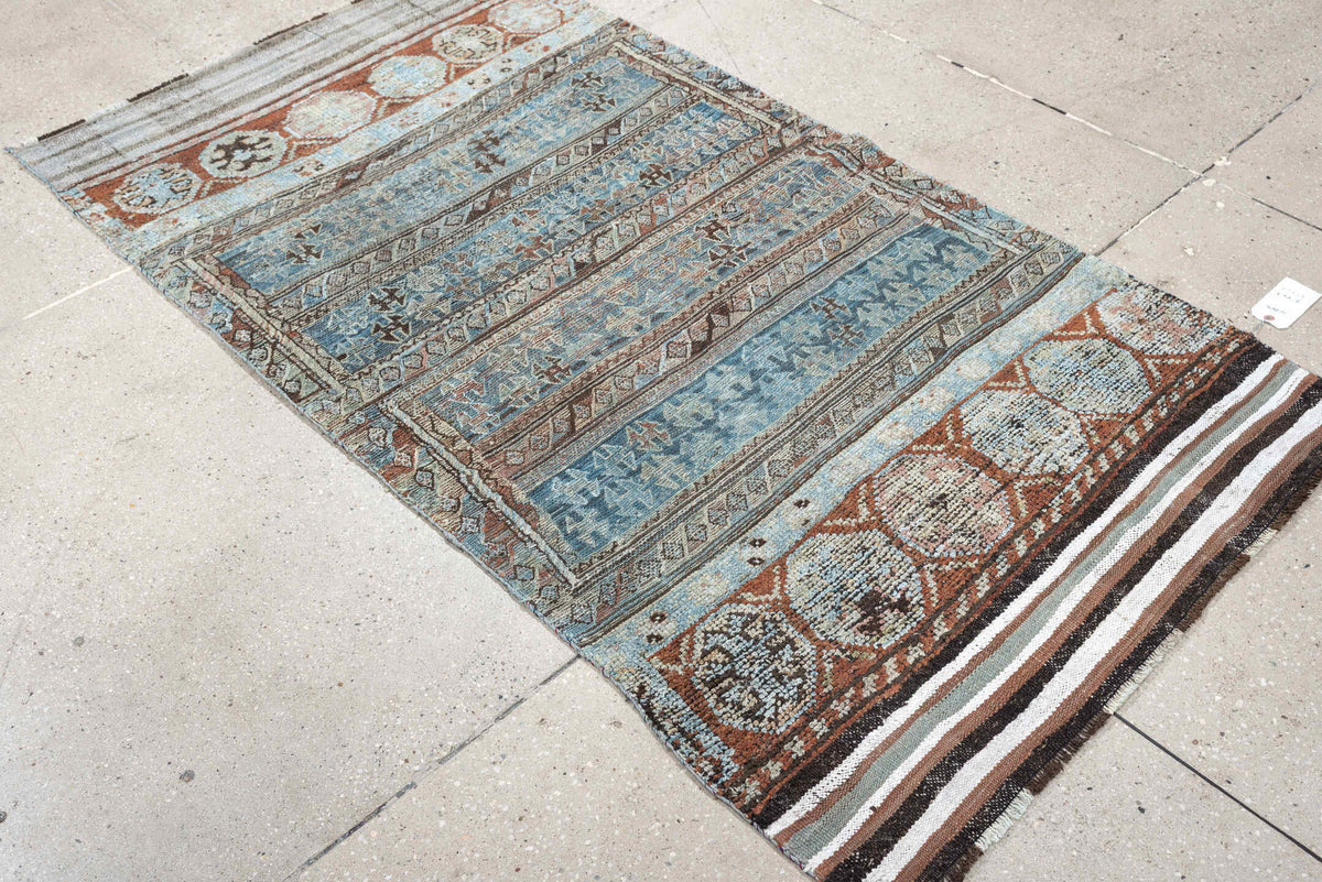 3' x 6' one-of-a-kind handmade antique Kurd Bidjar small size rug. Color palette: sky blue, terracotta, ivory, brown, taupe