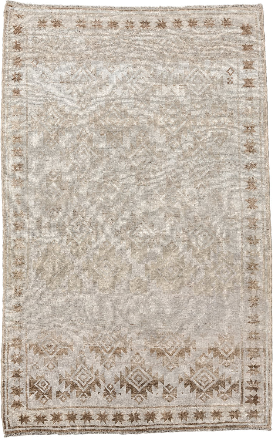 3' x 5' one-of-a-kind handmade antique Belouch small size rug. Color palette: ivory, camel, taupe, sand, beige, gray