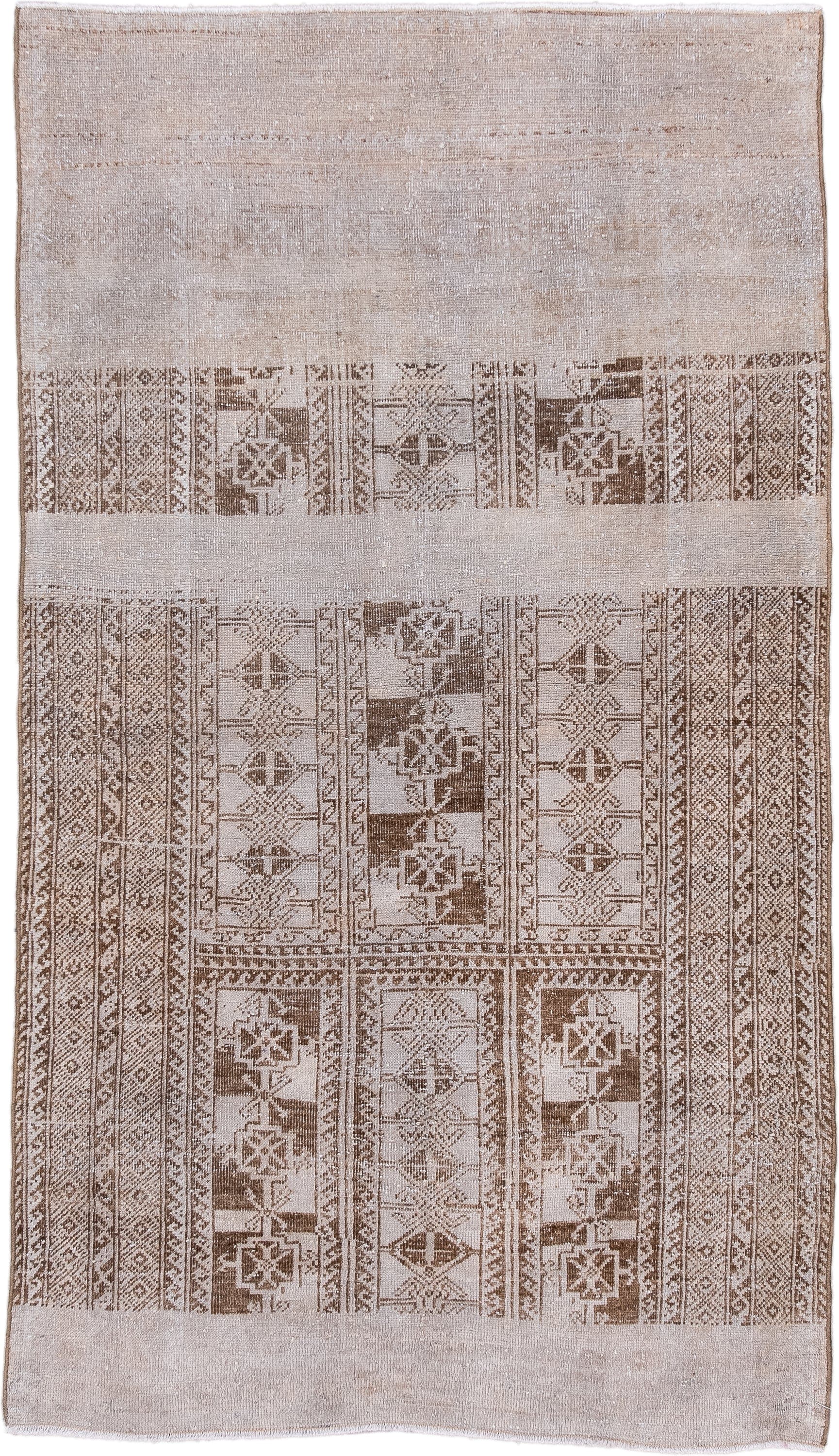 3' x 5' one-of-a-kind handmade vintage Belouch small size rug. Color palette: ivory, taupe, beige, camel, brown, gray