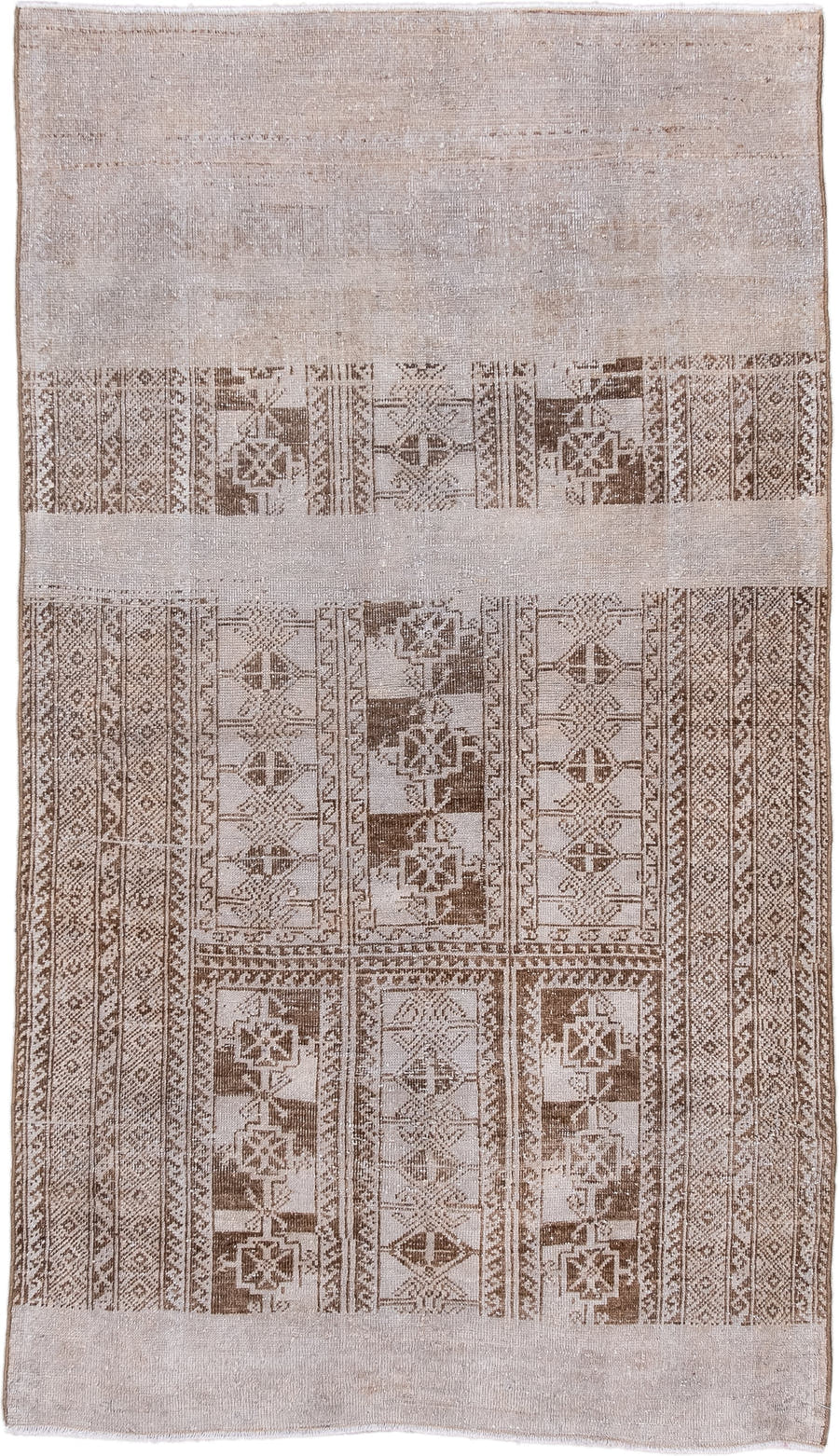 3' x 5' one-of-a-kind handmade vintage Belouch small size rug. Color palette: ivory, taupe, beige, camel, brown, gray