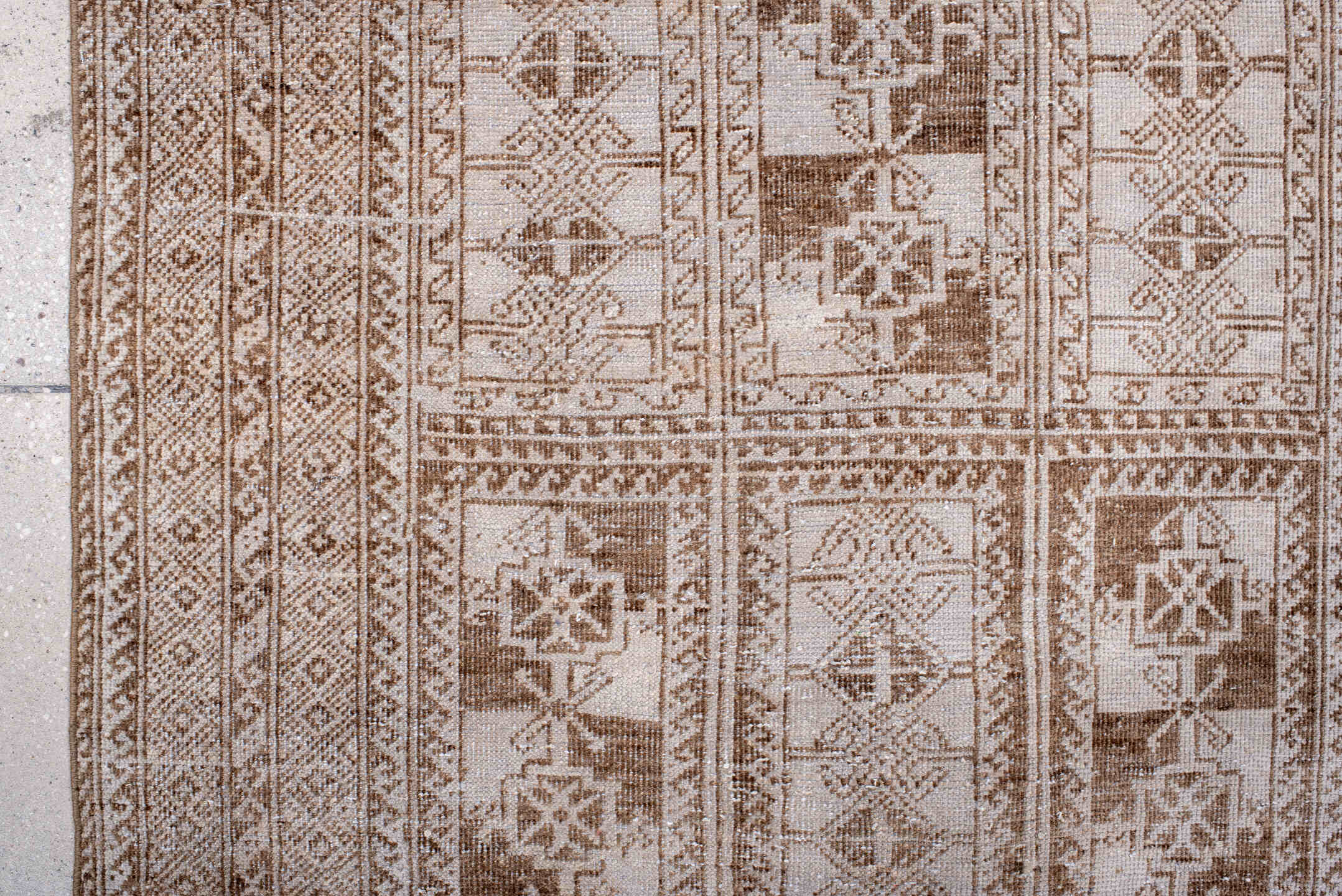 3' x 5' one-of-a-kind handmade vintage Belouch small size rug. Color palette: ivory, taupe, beige, camel, brown, gray