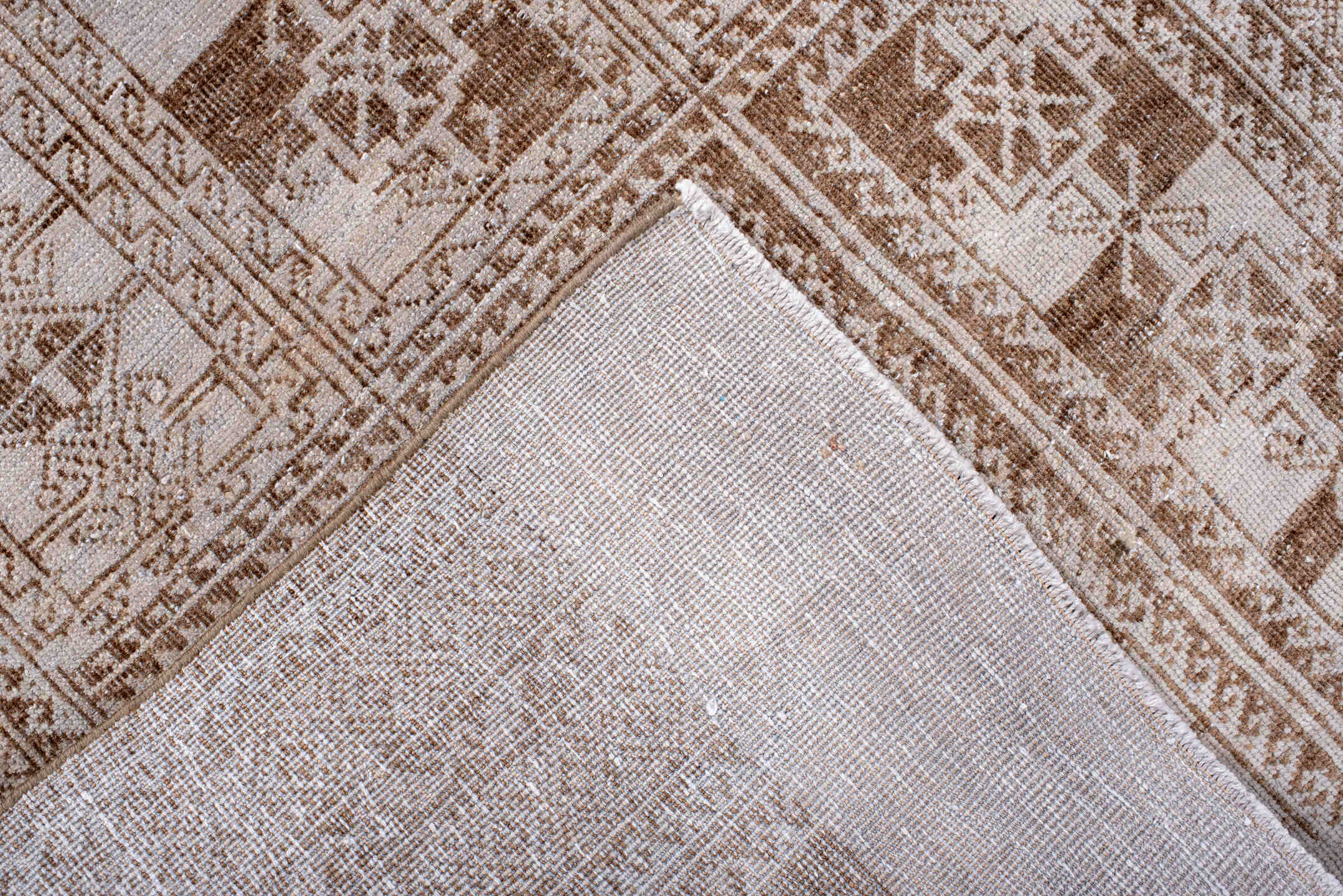 3' x 5' one-of-a-kind handmade vintage Belouch small size rug. Color palette: ivory, taupe, beige, camel, brown, gray