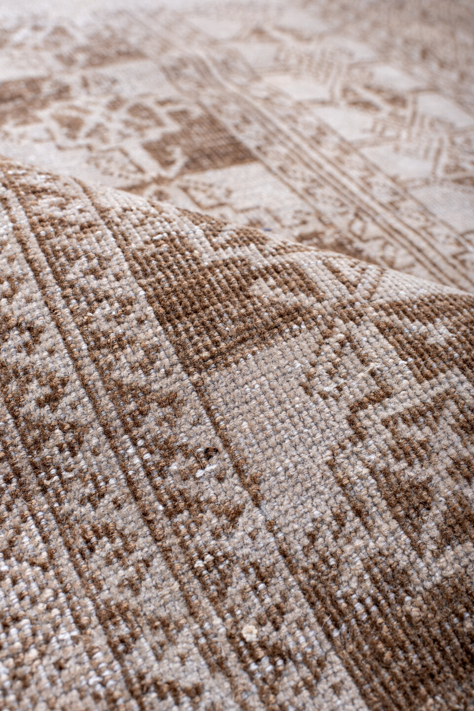 3' x 5' one-of-a-kind handmade vintage Belouch small size rug. Color palette: ivory, taupe, beige, camel, brown, gray