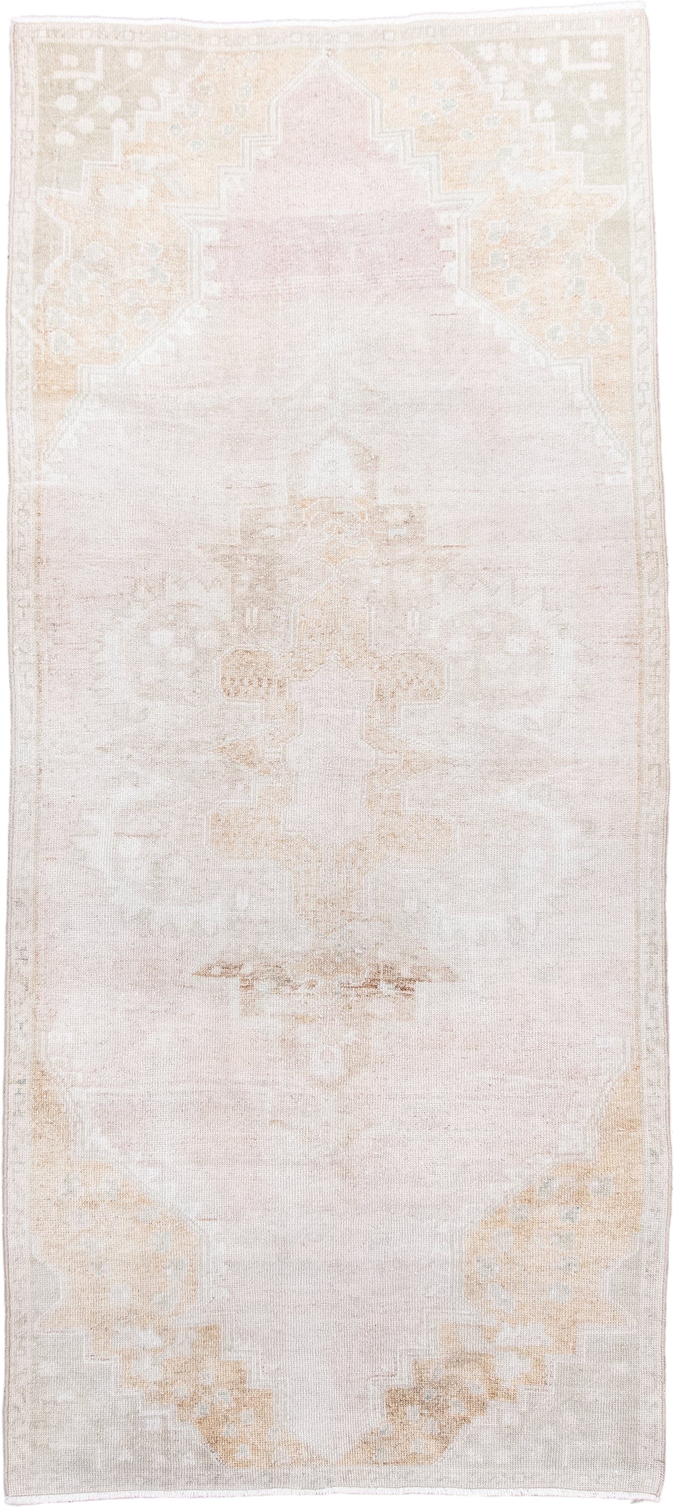 3' x 7' one-of-a-kind handmade antique Anatolian runner rug. Color palette: ivory, blush, cream, beige, pale gold, taupe