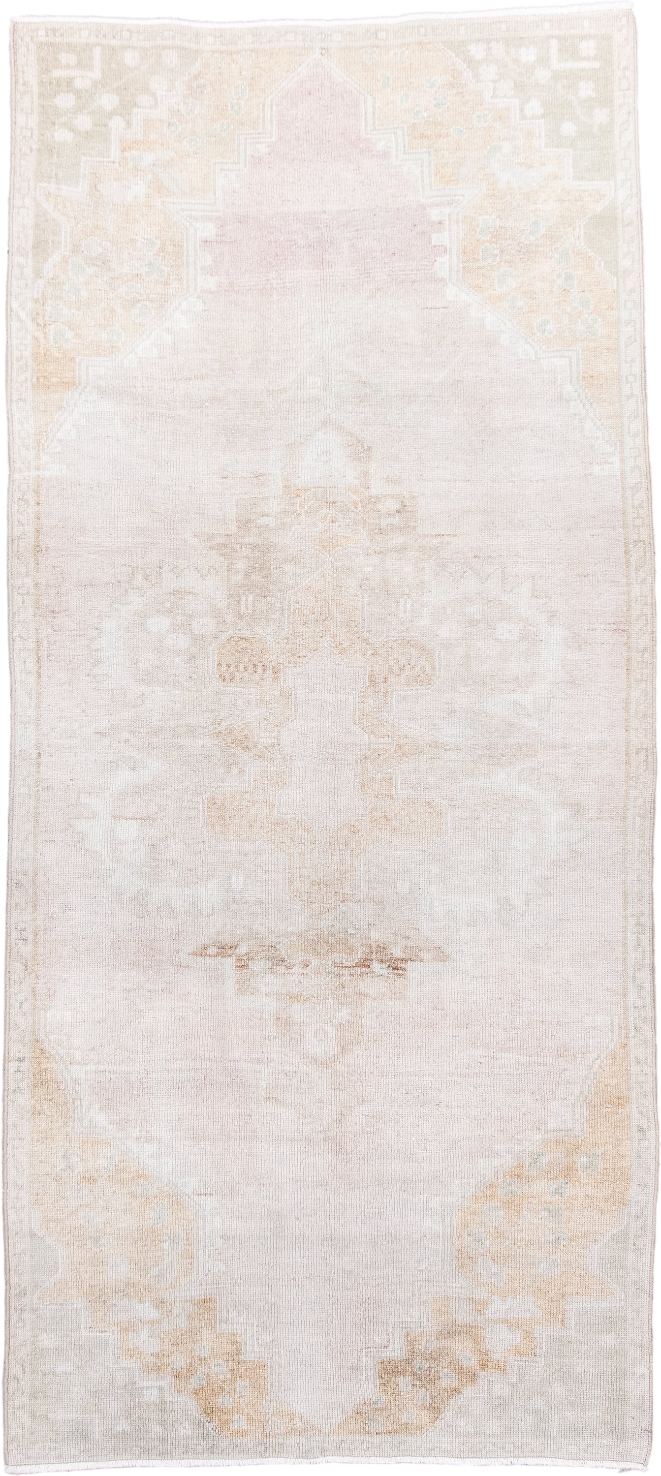 3' x 7' one-of-a-kind handmade antique Anatolian runner rug. Color palette: ivory, blush, cream, beige, pale gold, taupe