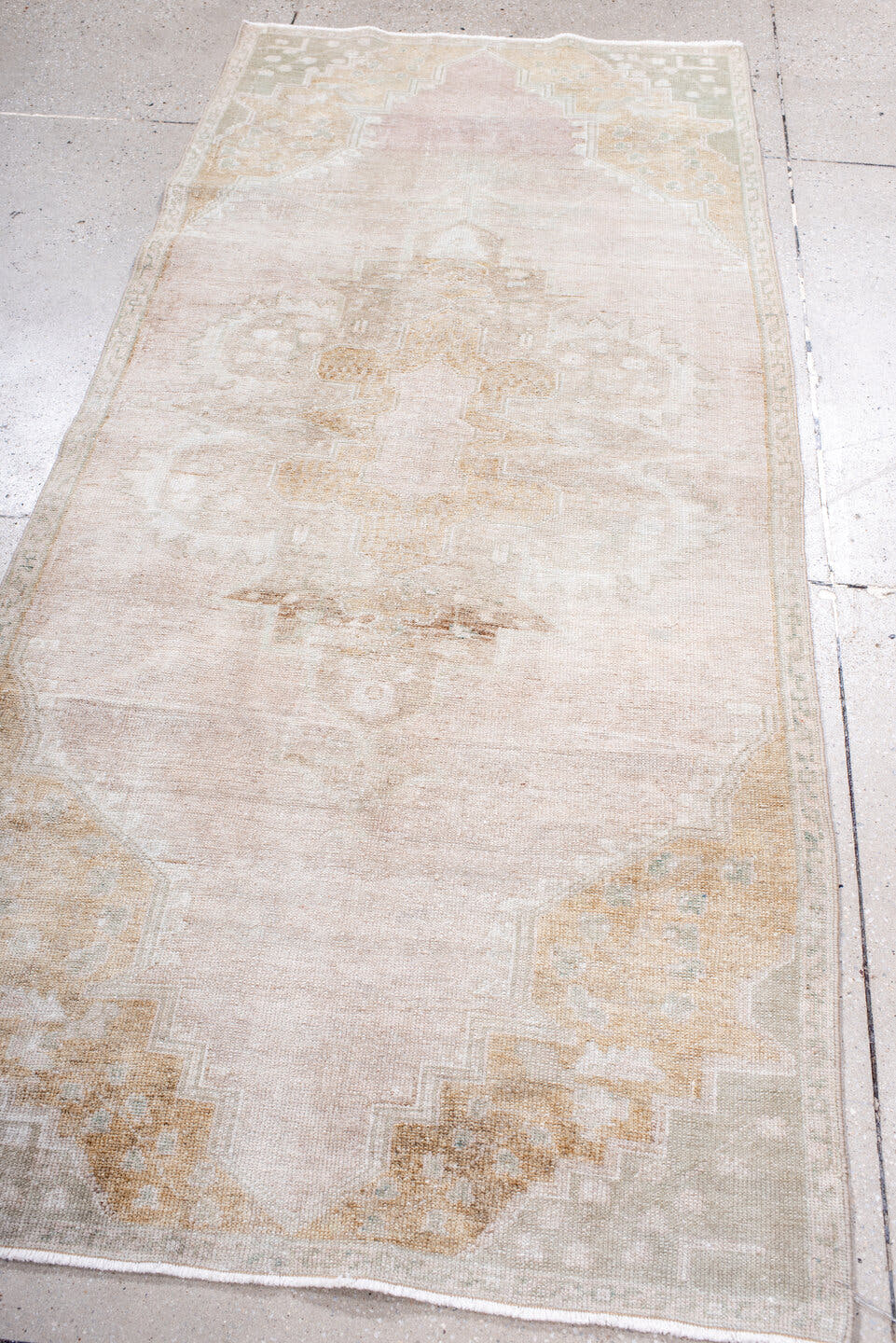 3' x 7' one-of-a-kind handmade antique Anatolian runner rug. Color palette: ivory, blush, cream, beige, pale gold, taupe