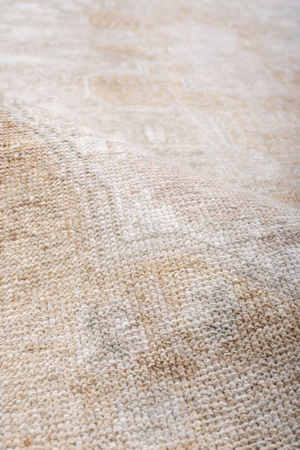 3' x 7' one-of-a-kind handmade antique Anatolian runner rug. Color palette: ivory, blush, cream, beige, pale gold, taupe