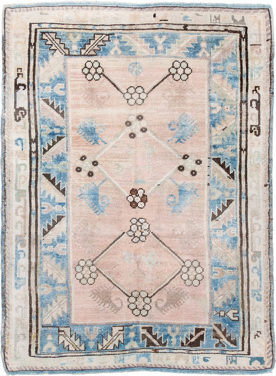 3' x 4' one-of-a-kind handmade antique Anatolian small size rug. Color palette: ivory, sky blue, blush, charcoal, taupe