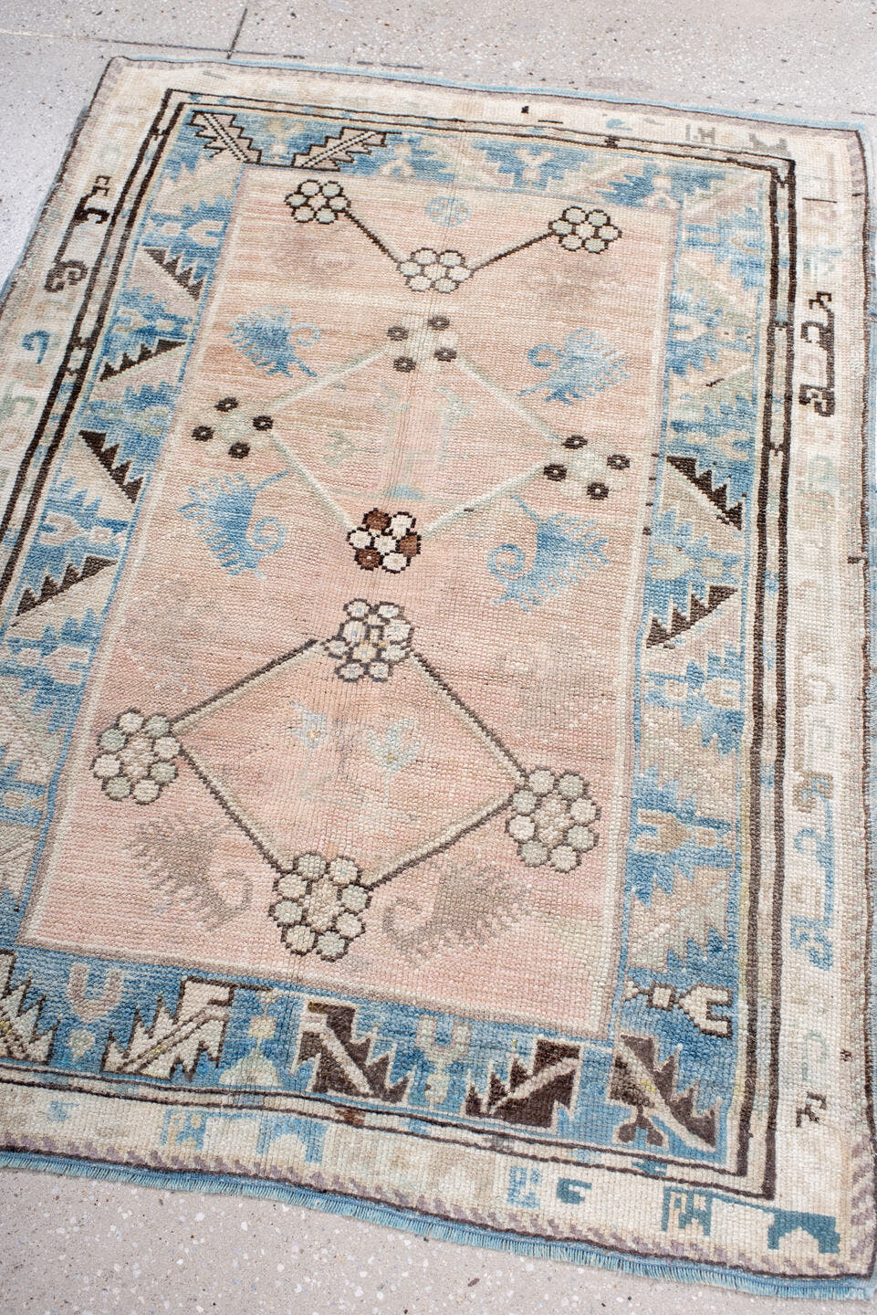 3' x 4' one-of-a-kind handmade antique Anatolian small size rug. Color palette: ivory, sky blue, blush, charcoal, taupe