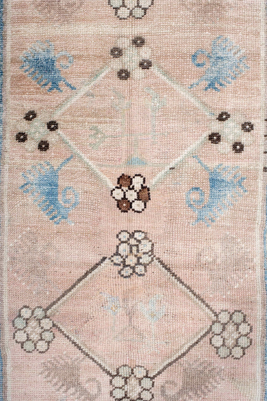 3' x 4' one-of-a-kind handmade antique Anatolian small size rug. Color palette: ivory, sky blue, blush, charcoal, taupe