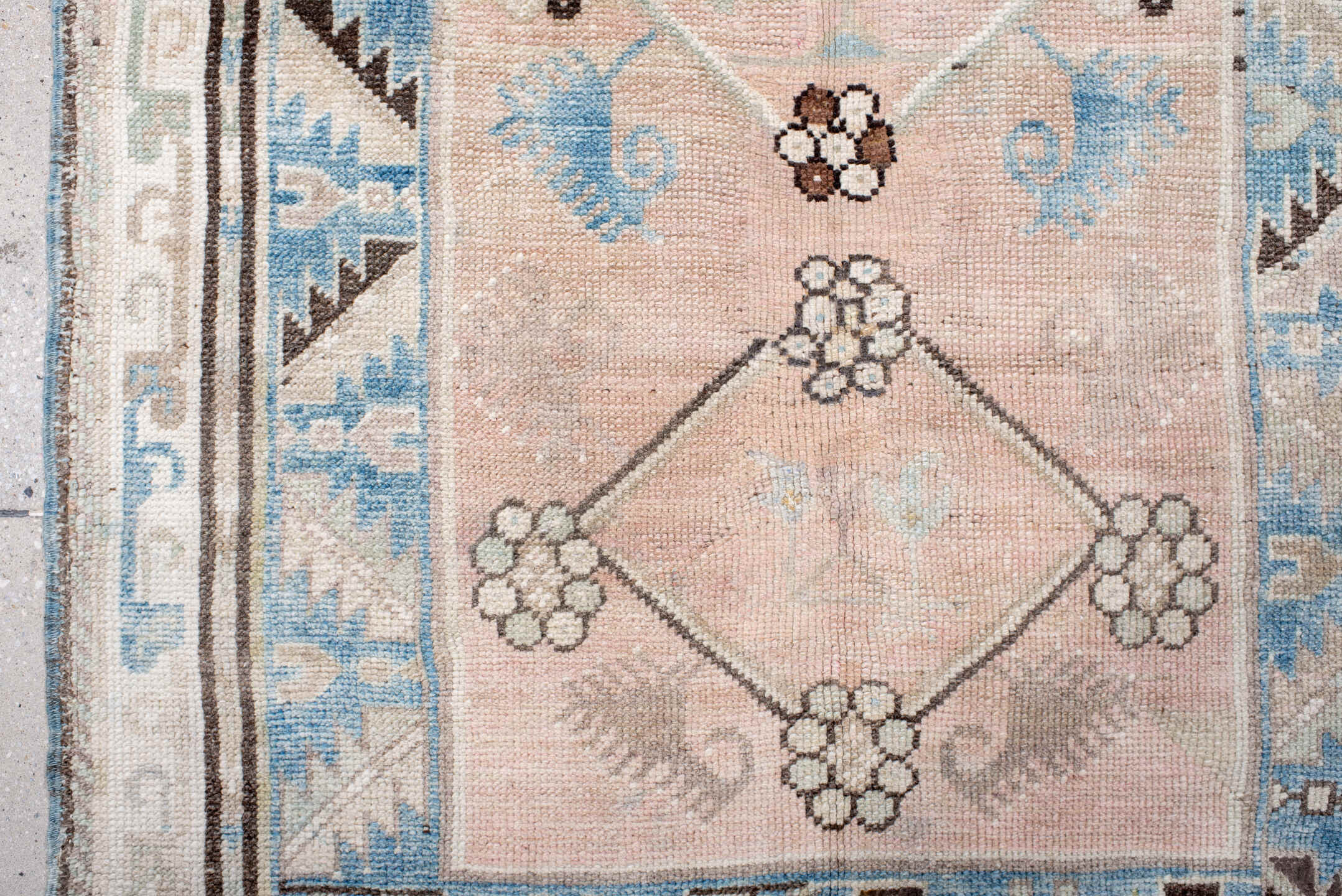 3' x 4' one-of-a-kind handmade antique Anatolian small size rug. Color palette: ivory, sky blue, blush, charcoal, taupe