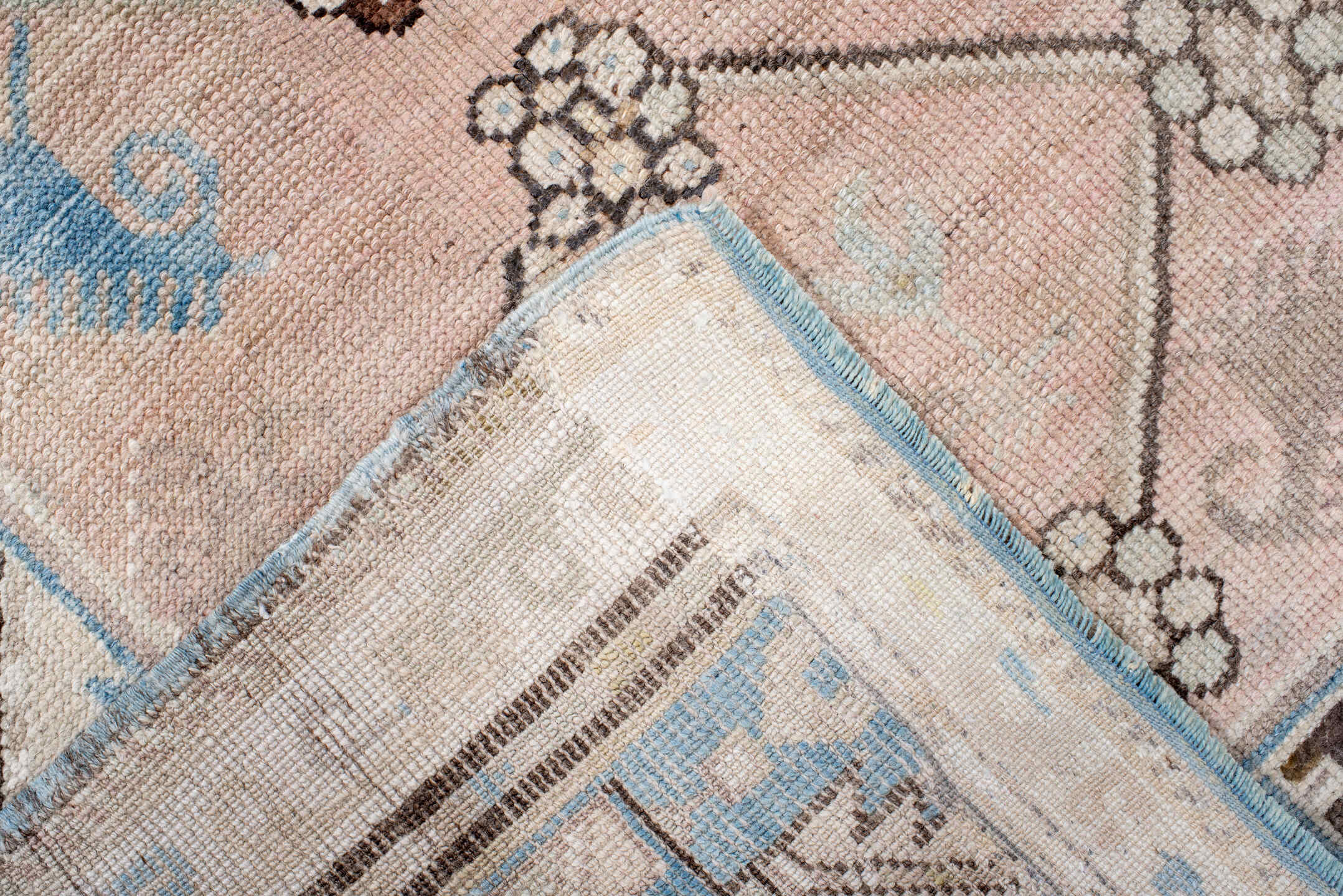 3' x 4' one-of-a-kind handmade antique Anatolian small size rug. Color palette: ivory, sky blue, blush, charcoal, taupe
