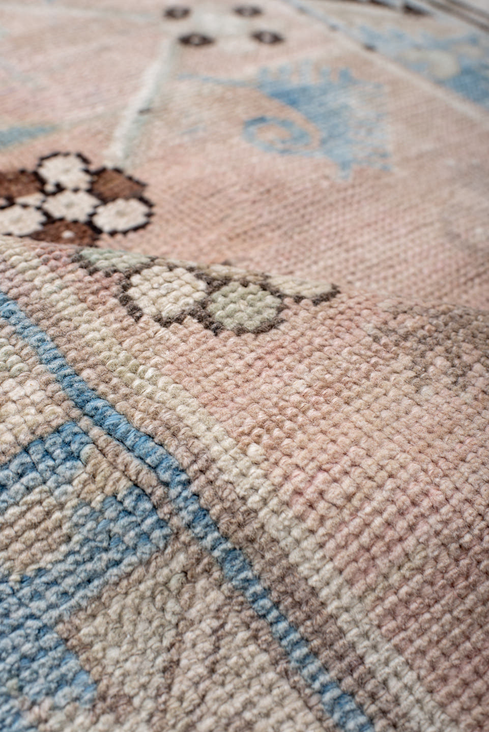 3' x 4' one-of-a-kind handmade antique Anatolian small size rug. Color palette: ivory, sky blue, blush, charcoal, taupe