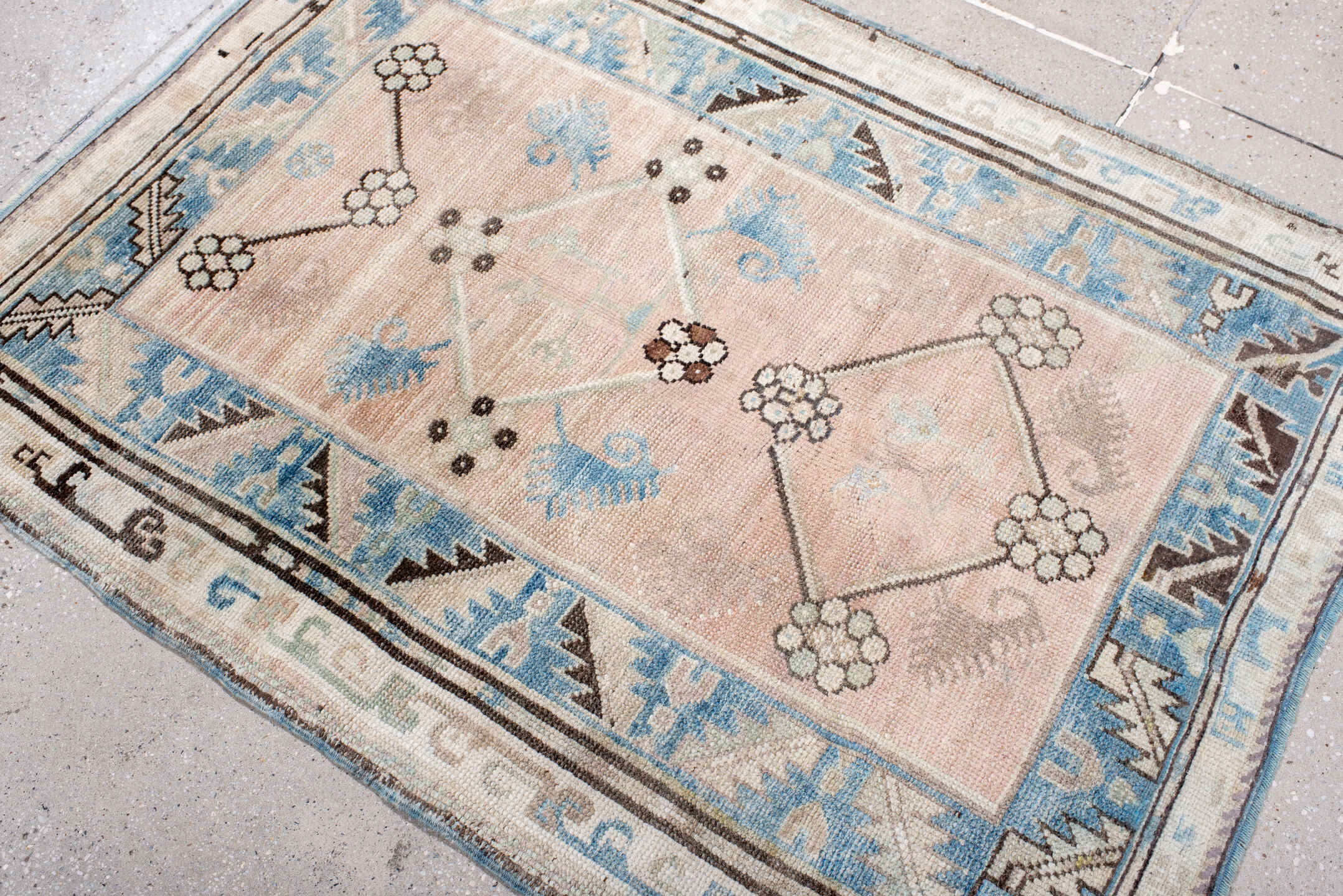 3' x 4' one-of-a-kind handmade antique Anatolian small size rug. Color palette: ivory, sky blue, blush, charcoal, taupe
