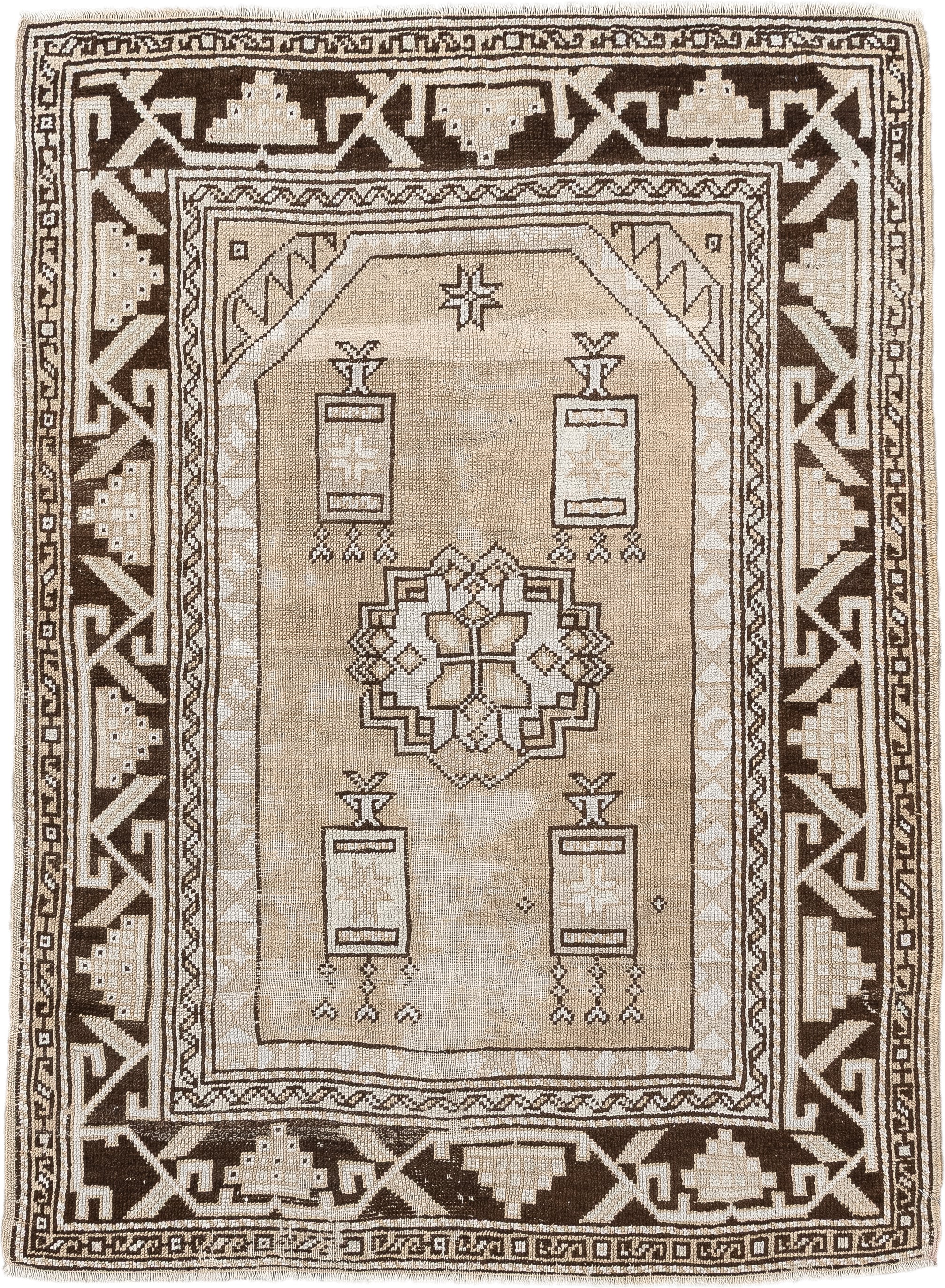 3' x 4' one-of-a-kind handmade antique Anatolian small size rug. Color palette: ivory, brown, taupe, camel, beige, gray