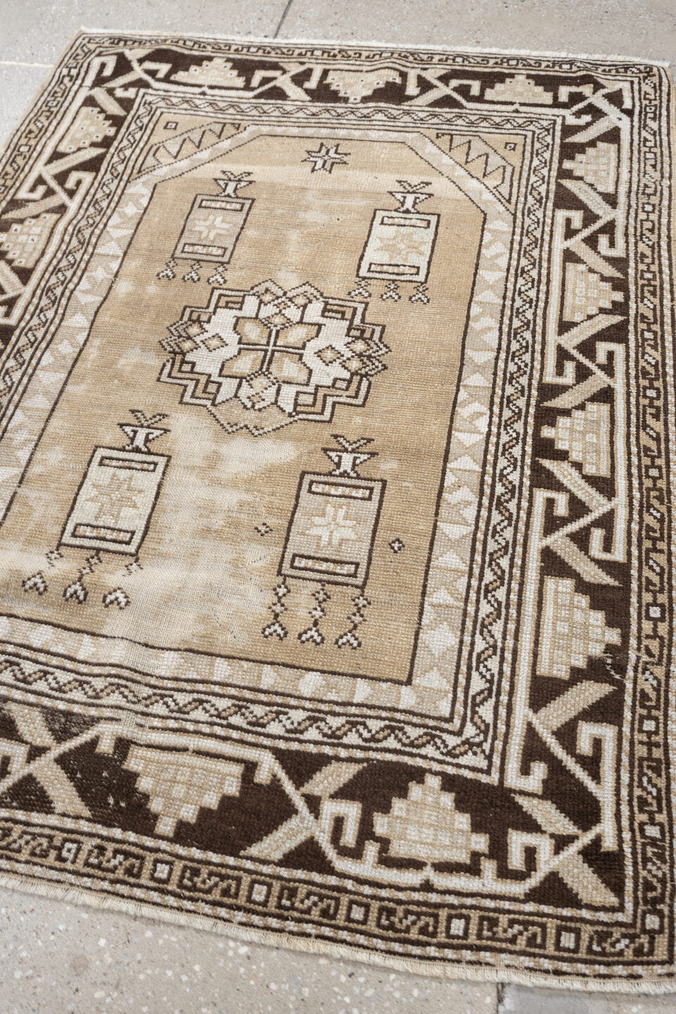 3' x 4' one-of-a-kind handmade antique Anatolian small size rug. Color palette: ivory, brown, taupe, camel, beige, gray