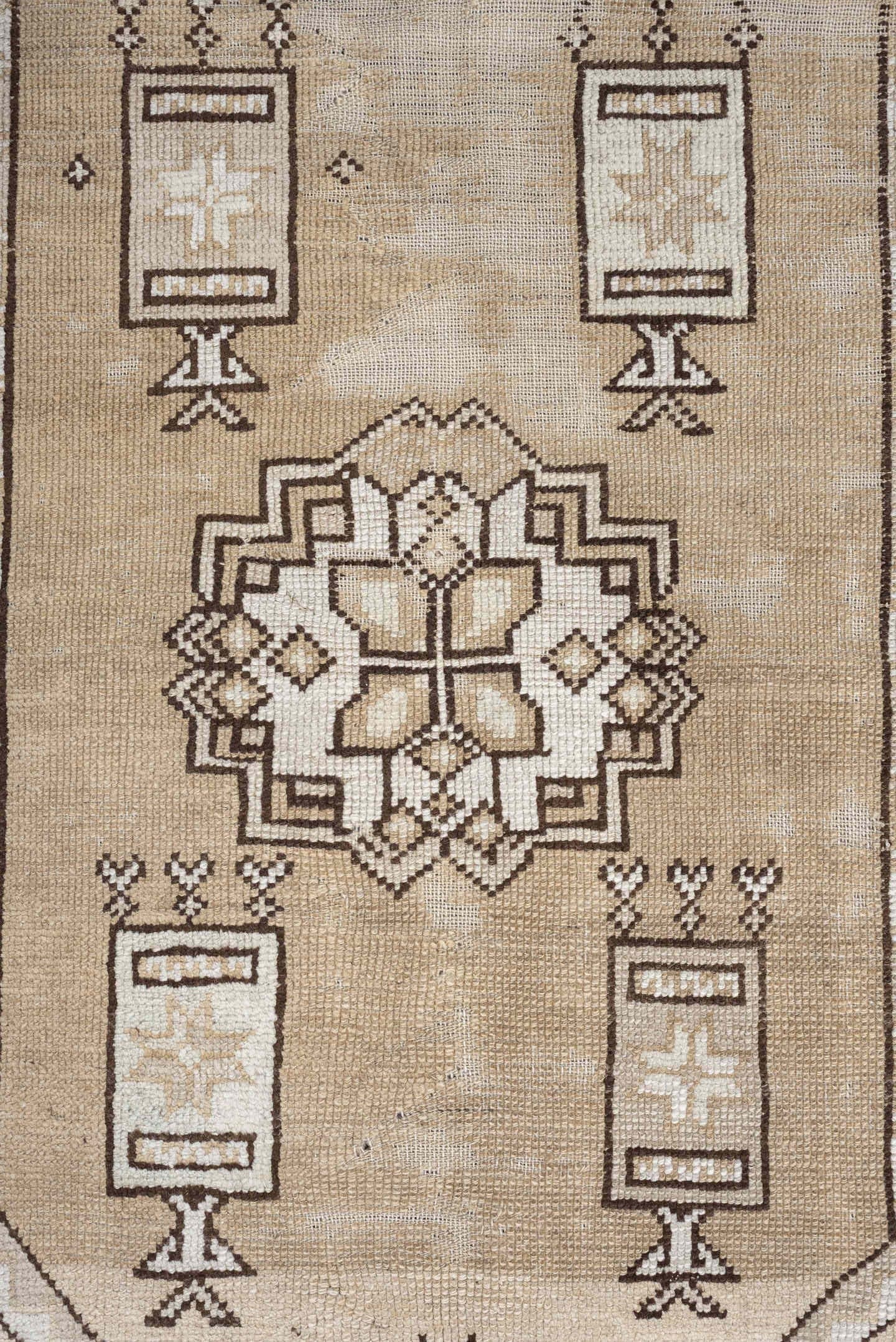 3' x 4' one-of-a-kind handmade antique Anatolian small size rug. Color palette: ivory, brown, taupe, camel, beige, gray