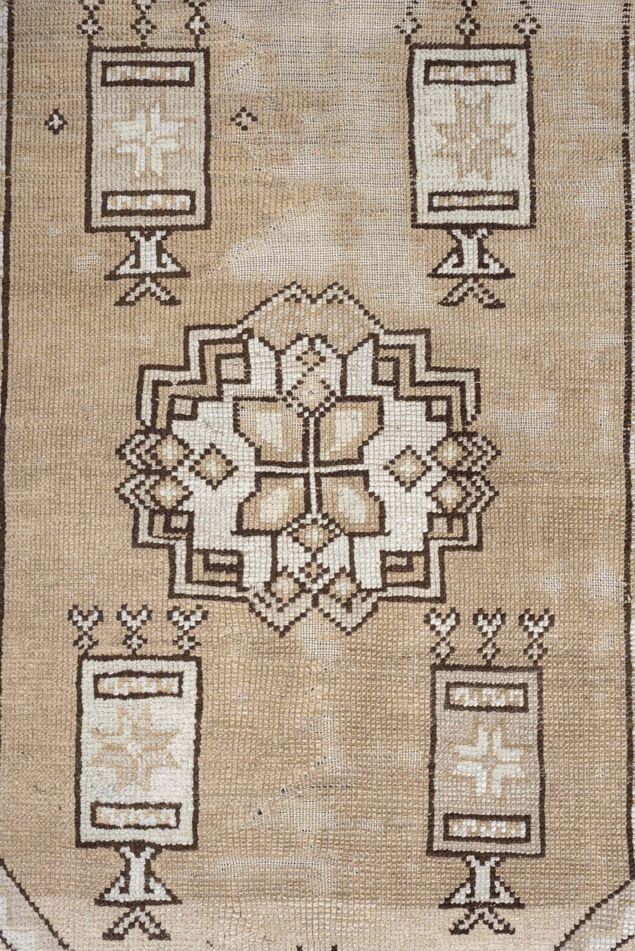 3' x 4' one-of-a-kind handmade antique Anatolian small size rug. Color palette: ivory, brown, taupe, camel, beige, gray