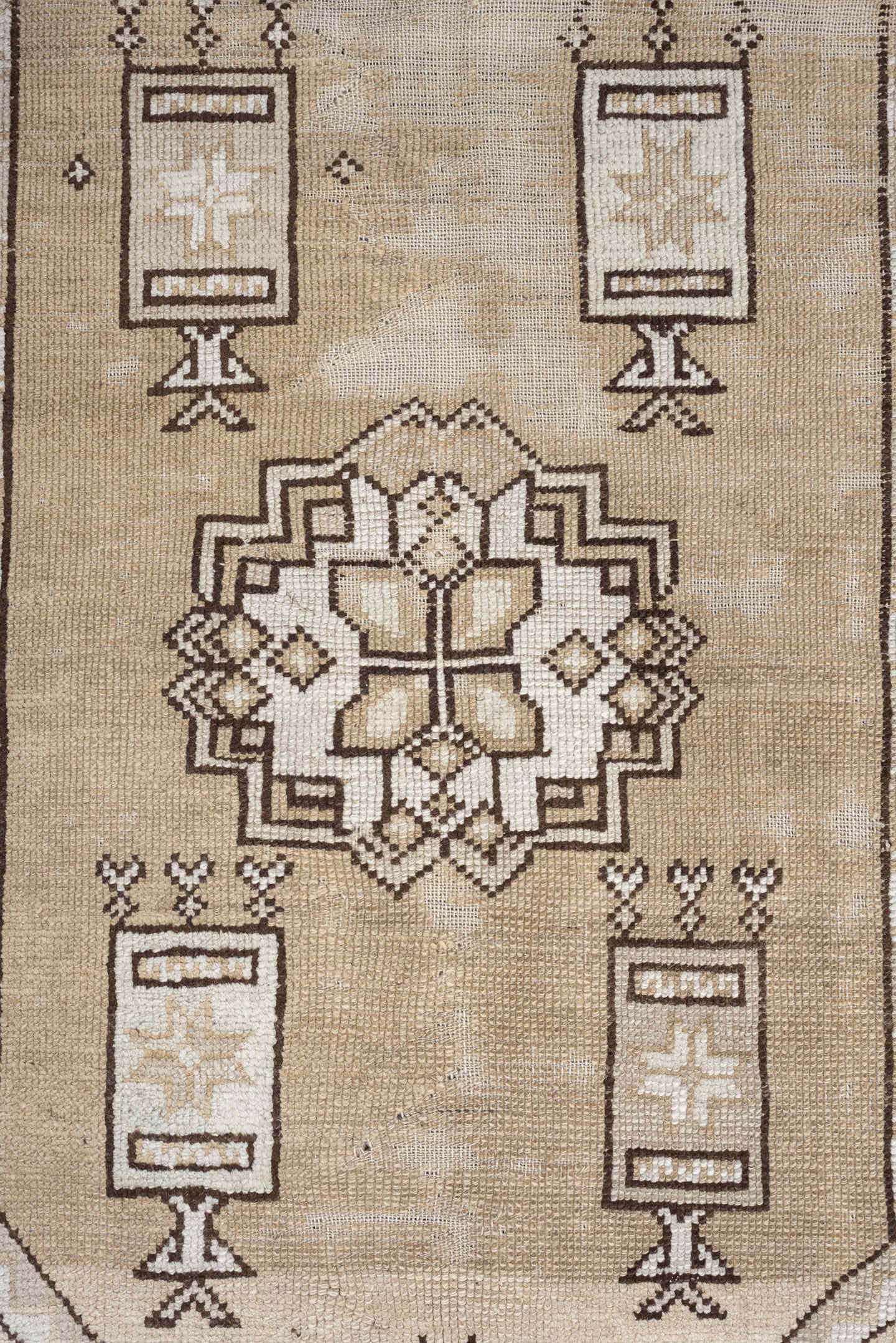 3' x 4' one-of-a-kind handmade antique Anatolian small size rug. Color palette: ivory, brown, taupe, camel, beige, gray