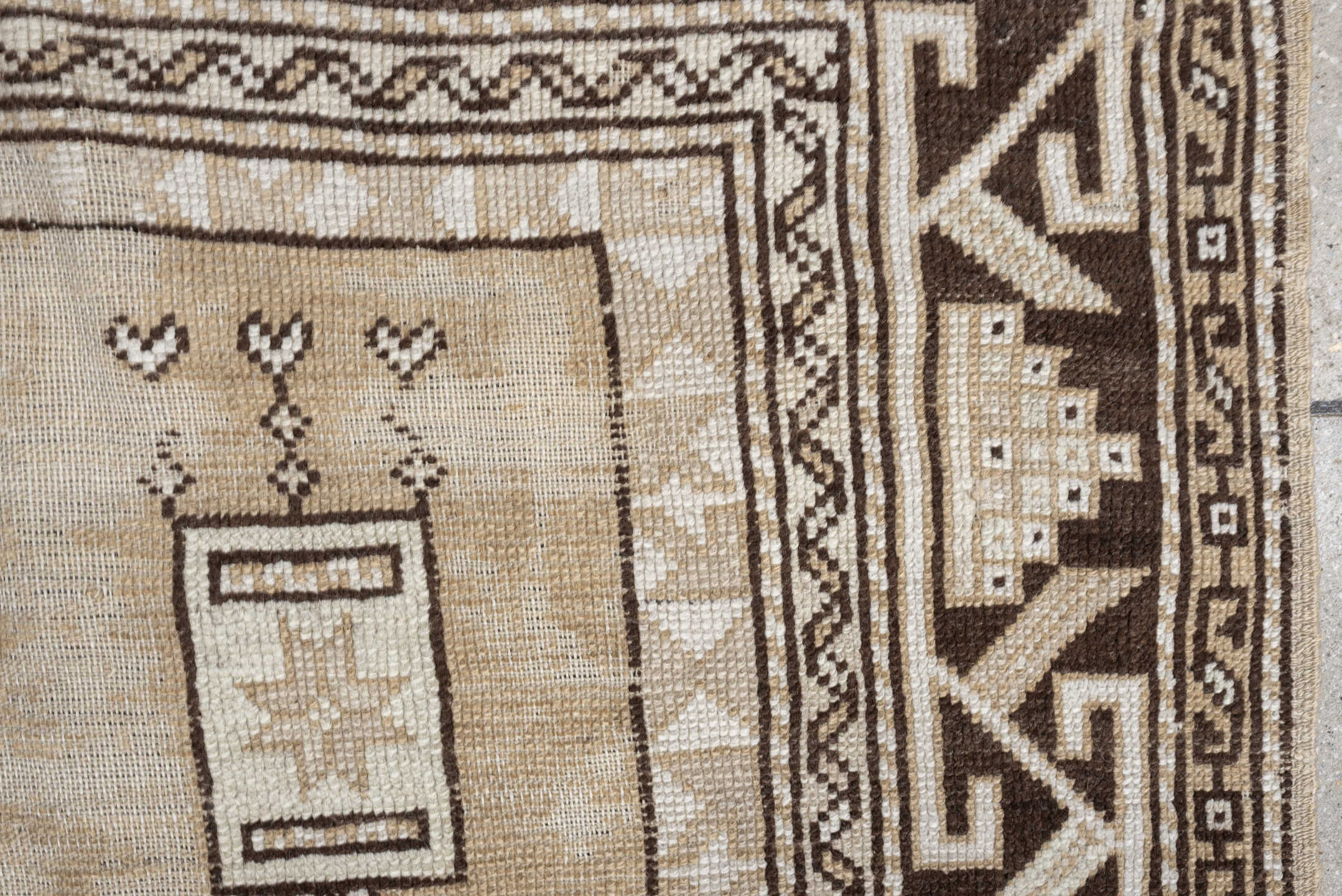 3' x 4' one-of-a-kind handmade antique Anatolian small size rug. Color palette: ivory, brown, taupe, camel, beige, gray