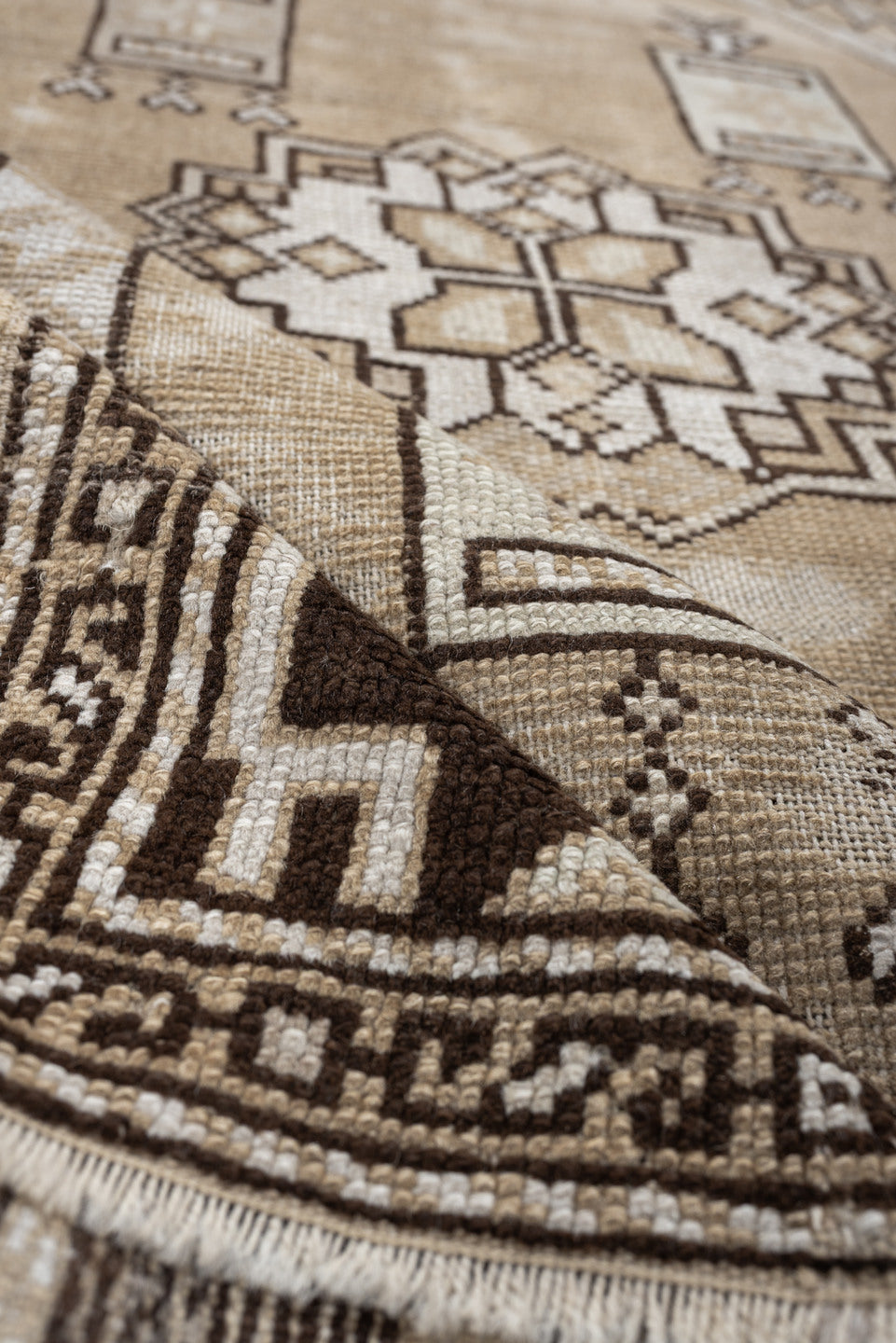 3' x 4' one-of-a-kind handmade antique Anatolian small size rug. Color palette: ivory, brown, taupe, camel, beige, gray