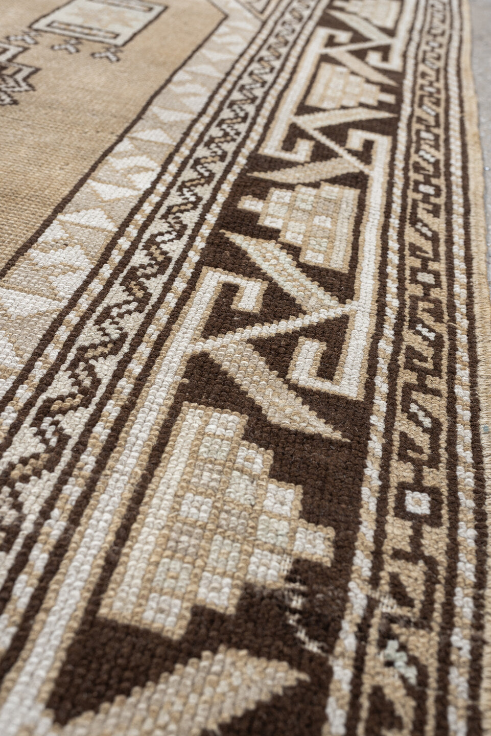 3' x 4' one-of-a-kind handmade antique Anatolian small size rug. Color palette: ivory, brown, taupe, camel, beige, gray