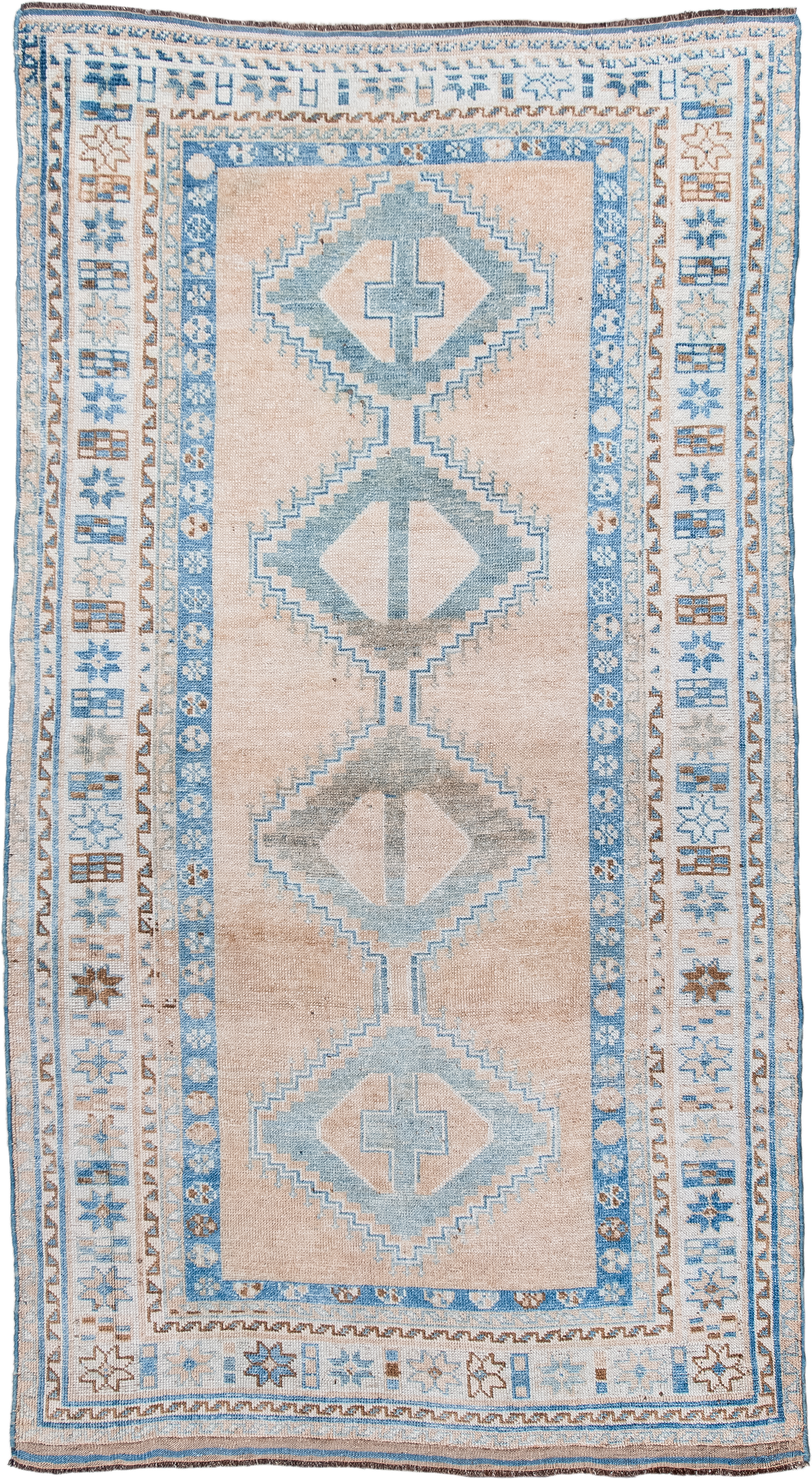 4' x 7' one-of-a-kind handmade antique Gabbe rug. Color palette: ivory, sky_blue, beige, taupe, camel, brown, light blue