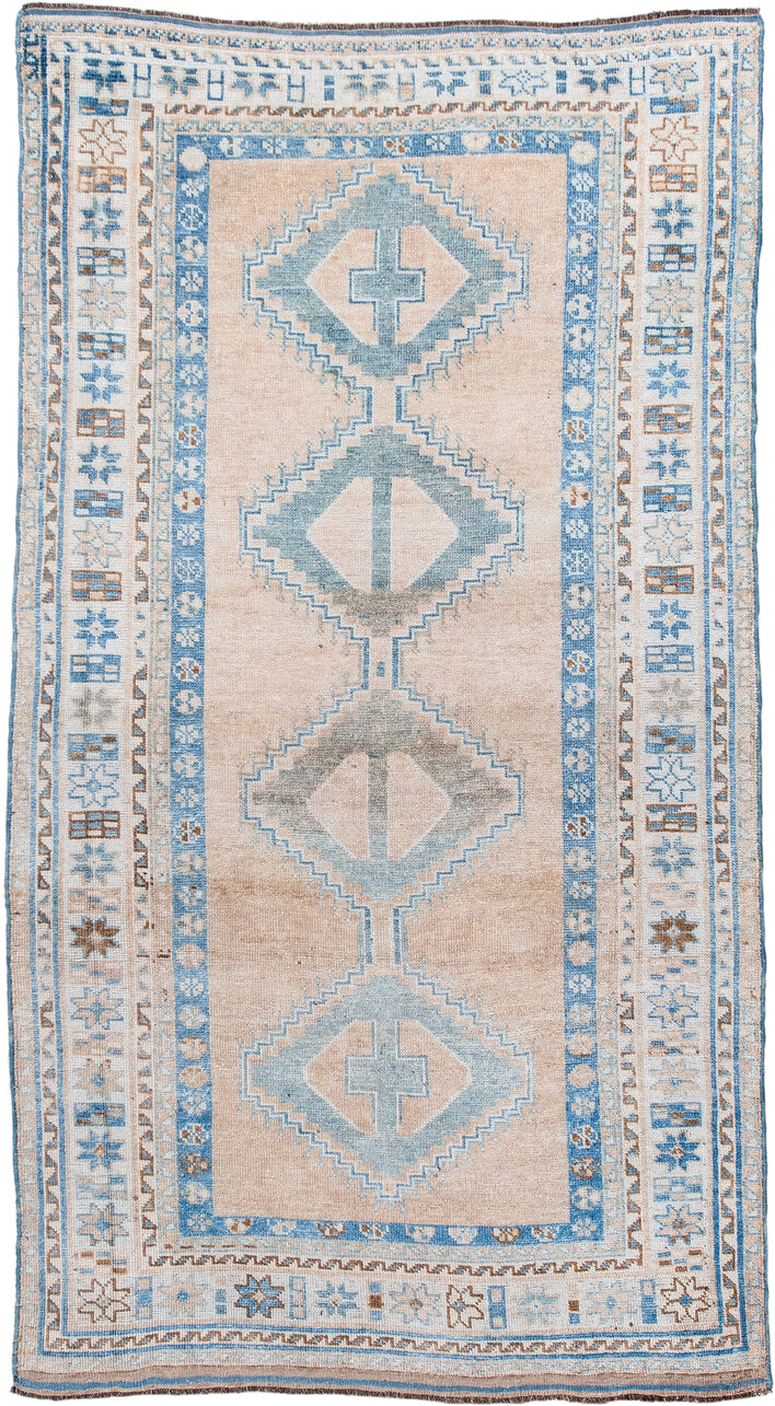 4' x 7' one-of-a-kind handmade antique Gabbe rug. Color palette: ivory, sky_blue, beige, taupe, camel, brown, light blue