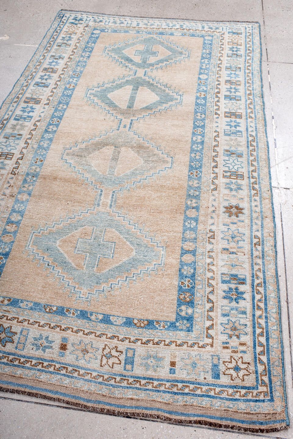 4' x 7' one-of-a-kind handmade vintage Gabbe rug. Color palette: blue, brown, dark gray, gray, light blue, light gray